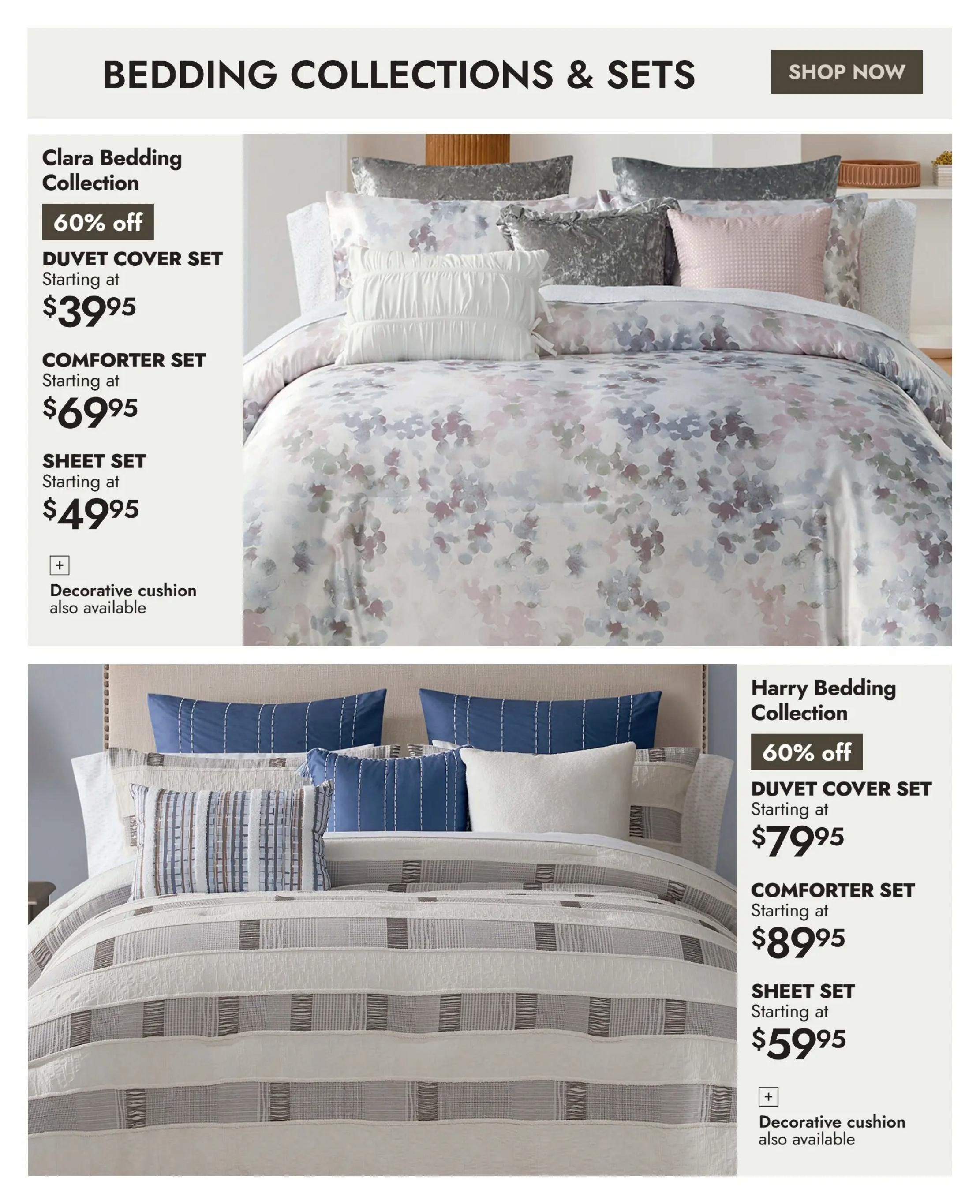 Linen Chest flyer page 11 features bedding collections and sets with a 'Shop Now' button. The Clara Bedding Collection is 60% off, with duvet cover sets starting at $39.95, comforter sets starting at $69.95, and sheet sets starting at $49.95. Decorative cushions are also available. The Harry Bedding Collection is also 60% off, offering duvet cover sets starting at $79.95, comforter sets starting at $89.95, and sheet sets starting at $59.95. Decorative cushions are also available for this collection.