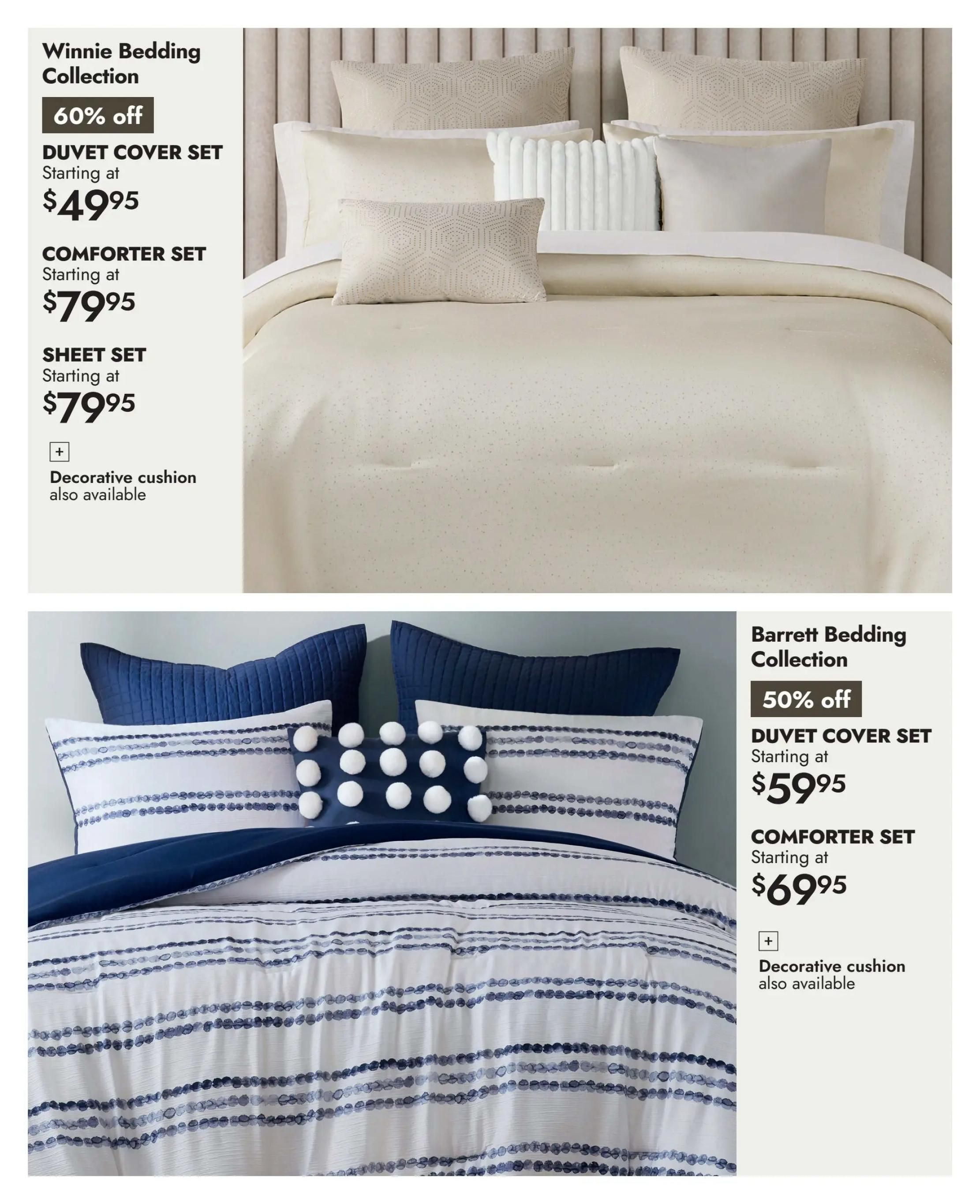 Page 12 of the Linen Chest flyer featuring two bedding collections. The top section showcases the Winnie Bedding Collection with 60% off. Items include a Duvet Cover Set starting at $49.95, a Comforter Set starting at $79.95, and a Sheet Set starting at $79.95. Decorative cushions are also available. The bottom section highlights the Barrett Bedding Collection with 50% off. This collection offers a Duvet Cover Set starting at $59.95 and a Comforter Set starting at $69.95. Decorative cushions are also available for this collection.