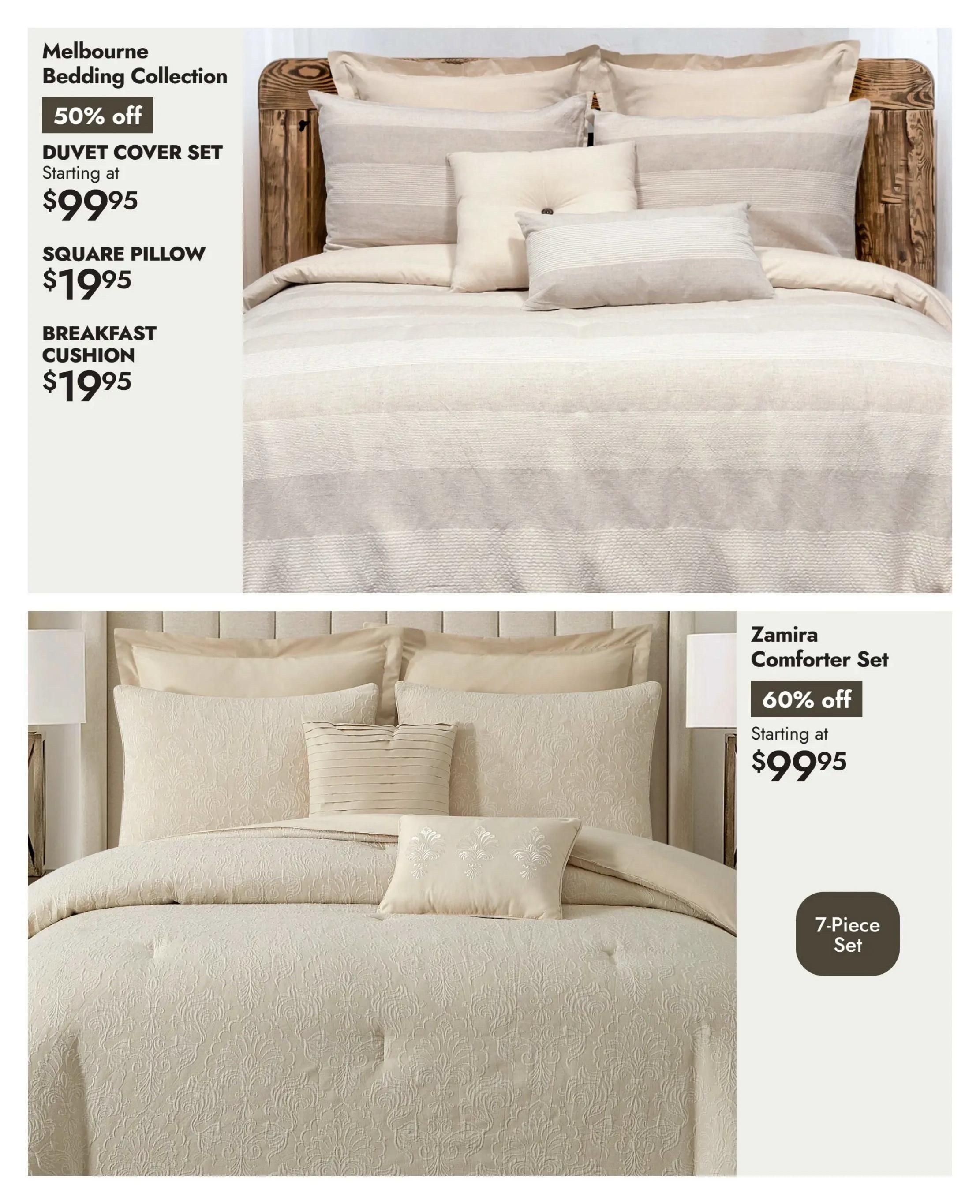 Linen Chest flyer page 14 features the Melbourne Bedding Collection with 50% off. Items include a Duvet Cover Set starting at $99.95, a Square Pillow for $19.95, and a Breakfast Cushion for $19.95. Also shown is the Zamira Comforter Set, available as a 7-piece set, with 60% off, starting at $99.95.
