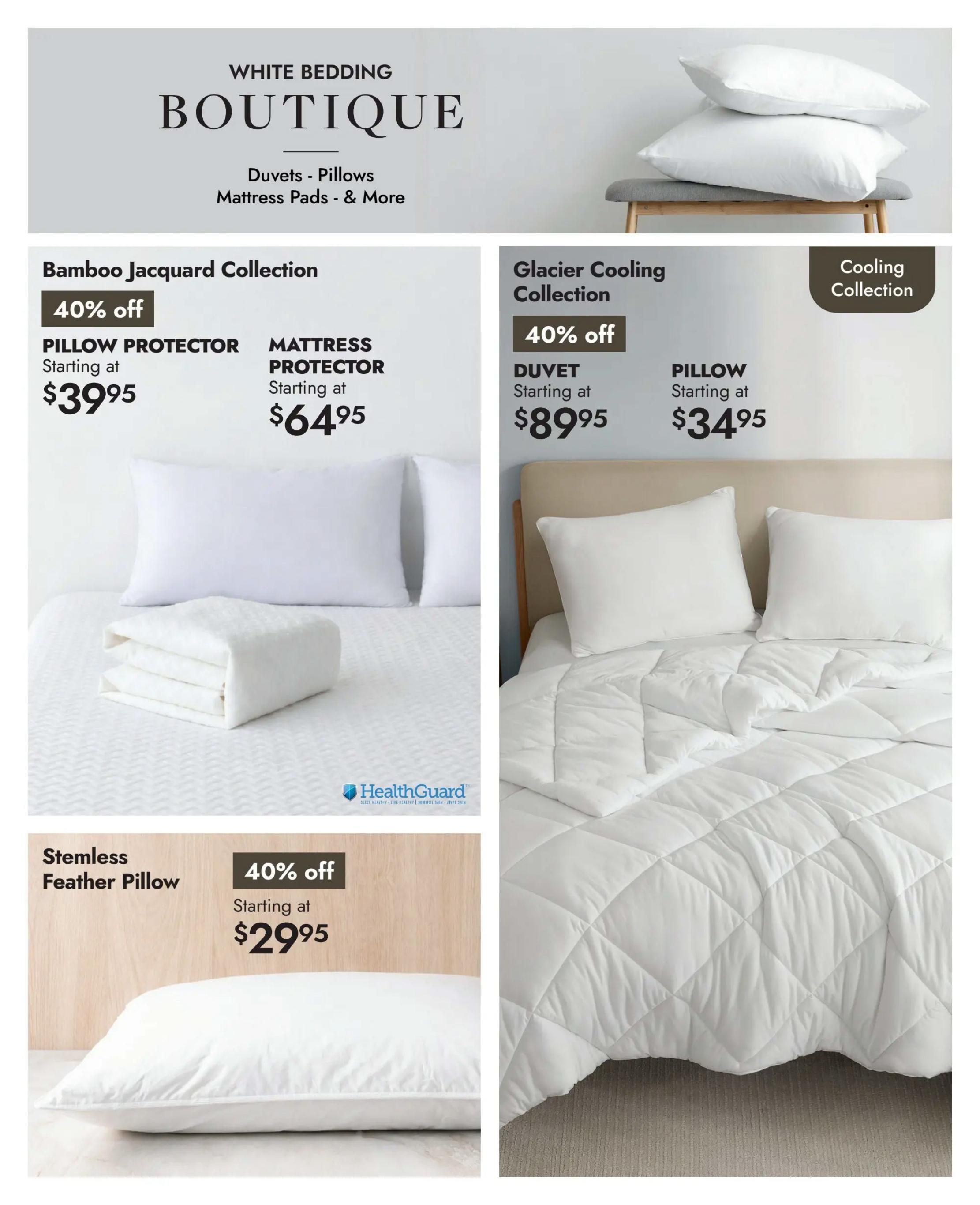 Linen Chest White Bedding Boutique page featuring duvets, pillows, and mattress pads. Offers include Bamboo Jacquard Collection Pillow Protector starting at $39.95 and Mattress Protector starting at $64.95, both with 40% off. The Glacier Cooling Collection offers a Duvet starting at $89.95 and a Pillow starting at $34.95, also with 40% off. Additionally, a Stemless Feather Pillow is available starting at $29.95 with 40% off. HealthGuard products are also featured.