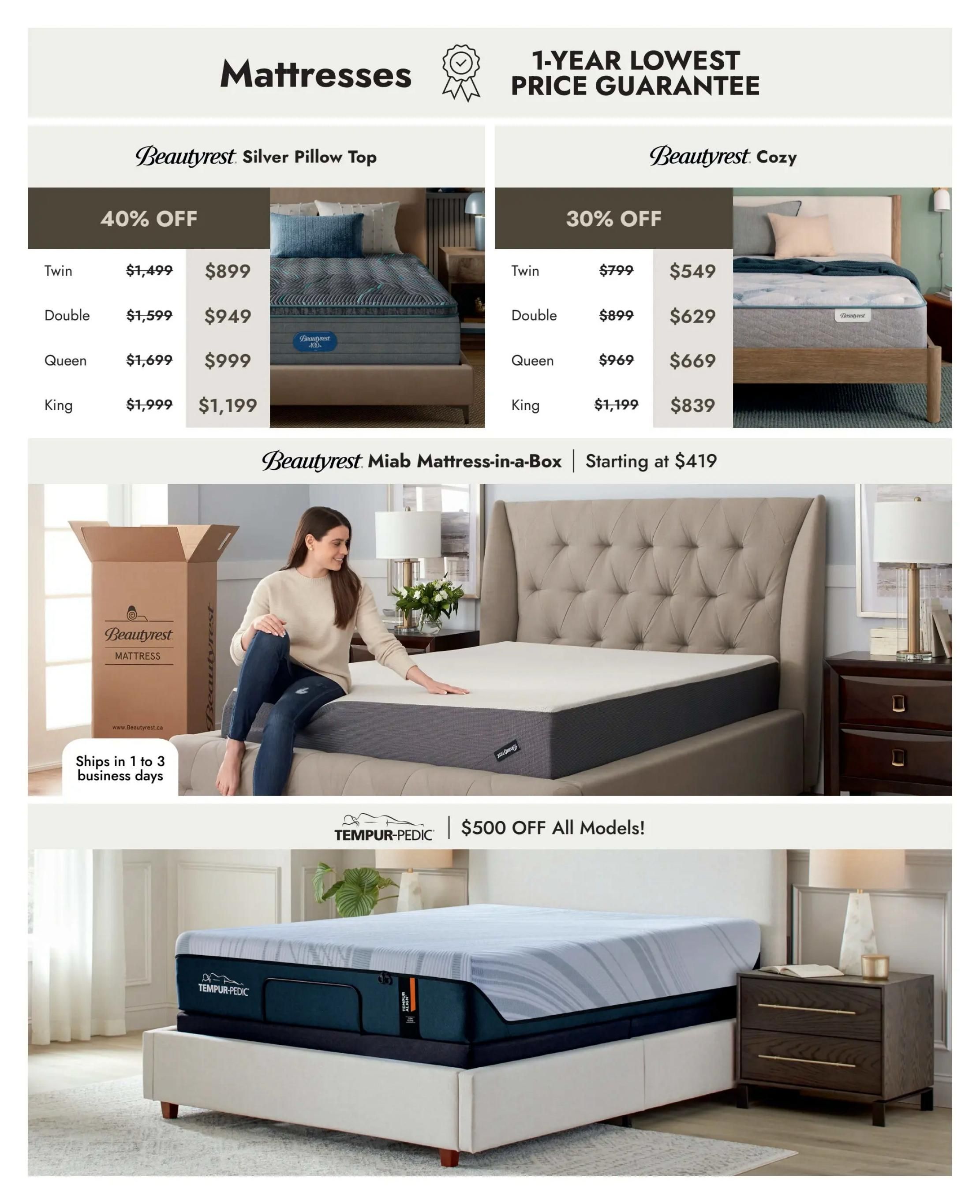 Linen Chest flyer page featuring mattresses with a 1-year lowest price guarantee. The Beautyrest Silver Pillow Top mattress is 40% off, with prices for Twin at $899, Double at $949, Queen at $999, and King at $1,199. The Beautyrest Cozy mattress is 30% off, with prices for Twin at $549, Double at $629, Queen at $669, and King at $839. Also featured is the Beautyrest Miab Mattress-in-a-Box starting at $419, which ships in 1 to 3 business days. Additionally, there is a promotion for $500 off all Tempur-Pedic mattress models.