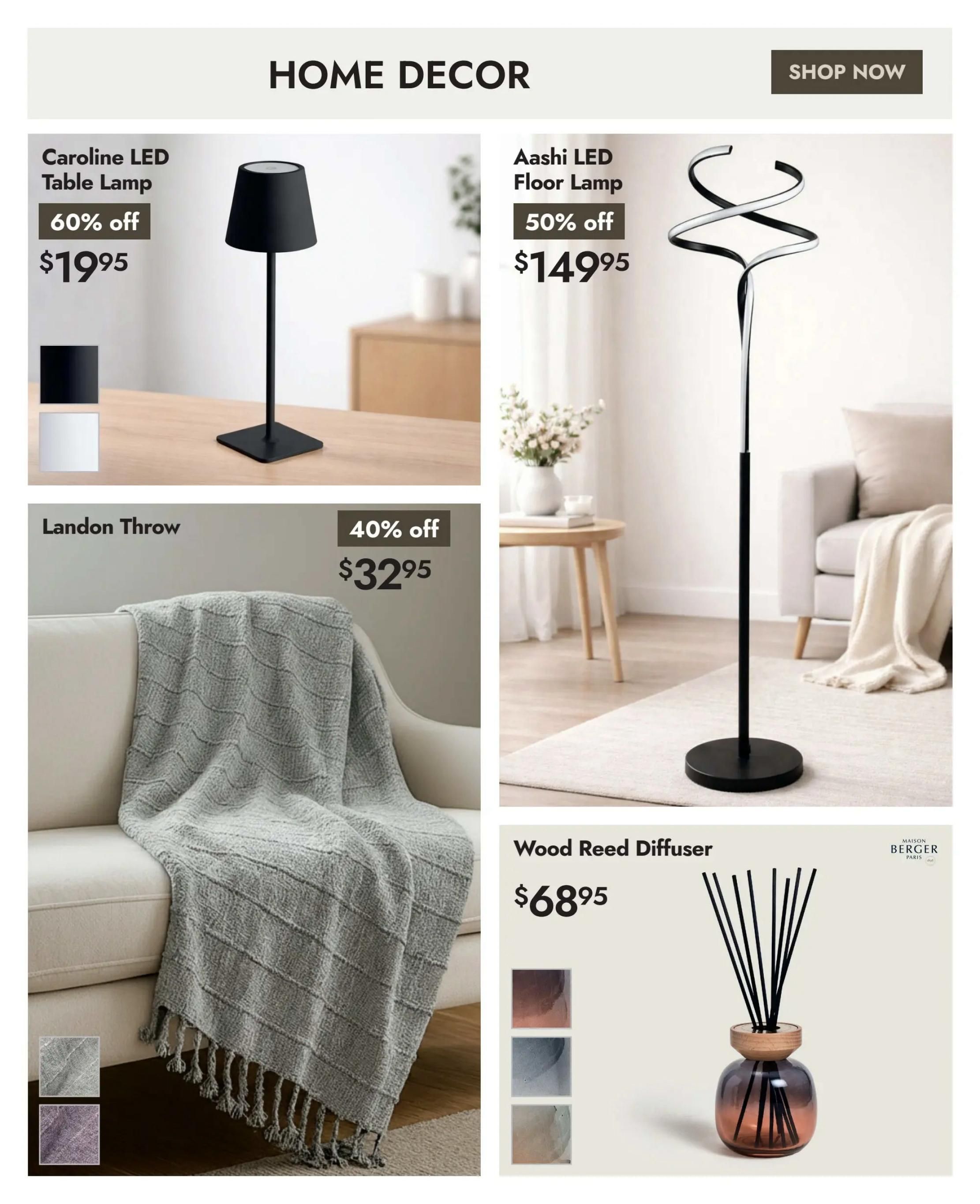 Linen Chest Home Decor page featuring the Caroline LED Table Lamp on sale for $19.95 with a 60% discount, available in black and white. Also featured is the Aashi LED Floor Lamp, 50% off at $149.95. The Landon Throw is available for $32.95 with a 40% discount, shown in grey and available in other colours. Additionally, a Wood Reed Diffuser by Maison Berger Paris is priced at $68.95, with multiple colour options displayed.