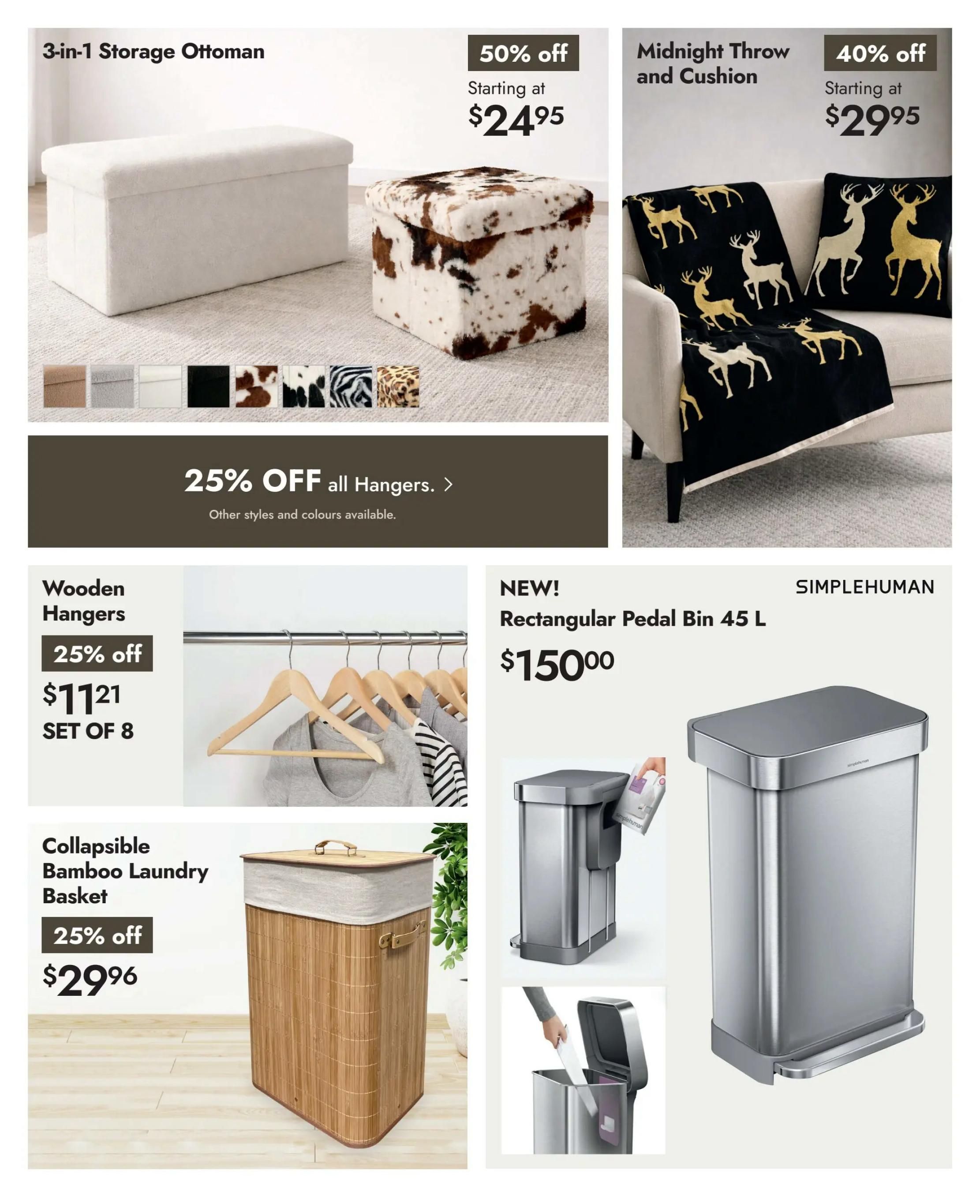 Linen Chest flyer page 18 features a 3-in-1 Storage Ottoman available in multiple colours starting at $24.95 with 50% off. Also featured is a Midnight Throw and Cushion set with a deer motif, 40% off, starting at $29.95. A section highlights 25% off all hangers, with wooden hangers shown in a set of 8 for $11.21. Additionally, a Collapsible Bamboo Laundry Basket is on sale for $29.96 with 25% off. A new Simplehuman Rectangular Pedal Bin 45 L is priced at $150.00.