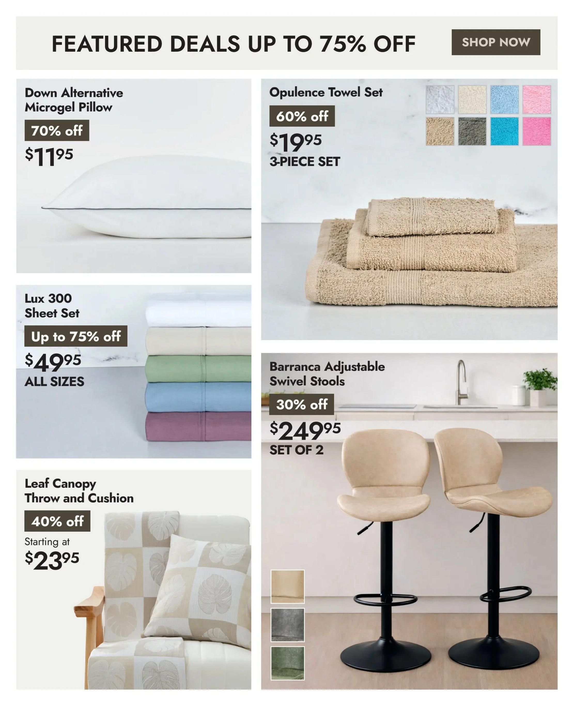 Linen Chest flyer page 20 features 'Featured Deals Up to 75% Off'. Highlighted items include a Down Alternative Microgel Pillow at 70% off for $11.95, and an Opulence Towel Set (3-piece) for $19.95 with 60% off, available in multiple colours. Also featured is the Lux 300 Sheet Set, up to 75% off, starting at $49.95 for all sizes, shown in various colours. The Leaf Canopy Throw and Cushion is 40% off, starting at $23.95. Additionally, Barranca Adjustable Swivel Stools are 30% off, priced at $249.95 for a set of 2, shown in beige, grey, and green.