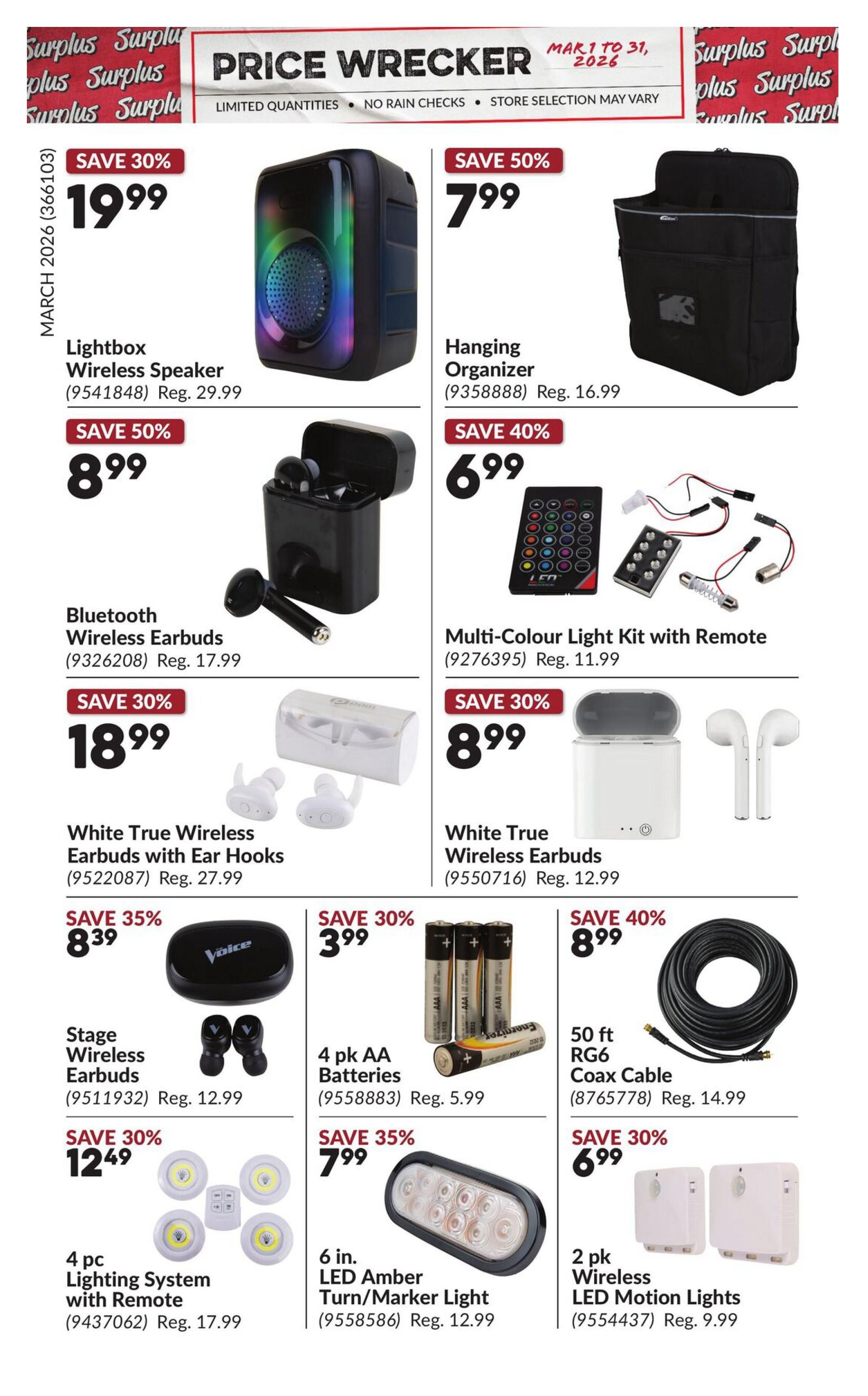 Princess Auto Price Wrecker flyer, page 3. Featured items include a Lightbox Wireless Speaker on sale for $19.99 (save 30%), a Hanging Organizer for $7.99 (save 50%), Bluetooth Wireless Earbuds for $8.99, and a Multi-Colour Light Kit with Remote for $6.99 (save 40%). Also available are White True Wireless Earbuds with Ear Hooks for $18.99 (save 30%), White True Wireless Earbuds for $8.99 (save 30%), Stage Wireless Earbuds for $8.39 (save 35%), 4 pk AA Batteries for $3.99 (save 30%), a 4 pc Lighting System with Remote for $12.49 (save 30%), a 6 in. LED Amber Turn/Marker Light for $7.99 (save 35%), a 50 ft RG6 Coax Cable for $8.99 (save 40%), and a 2 pk Wireless LED Motion Lights for $6.99 (save 30%). Prices valid March 1 to 31, 2026.
