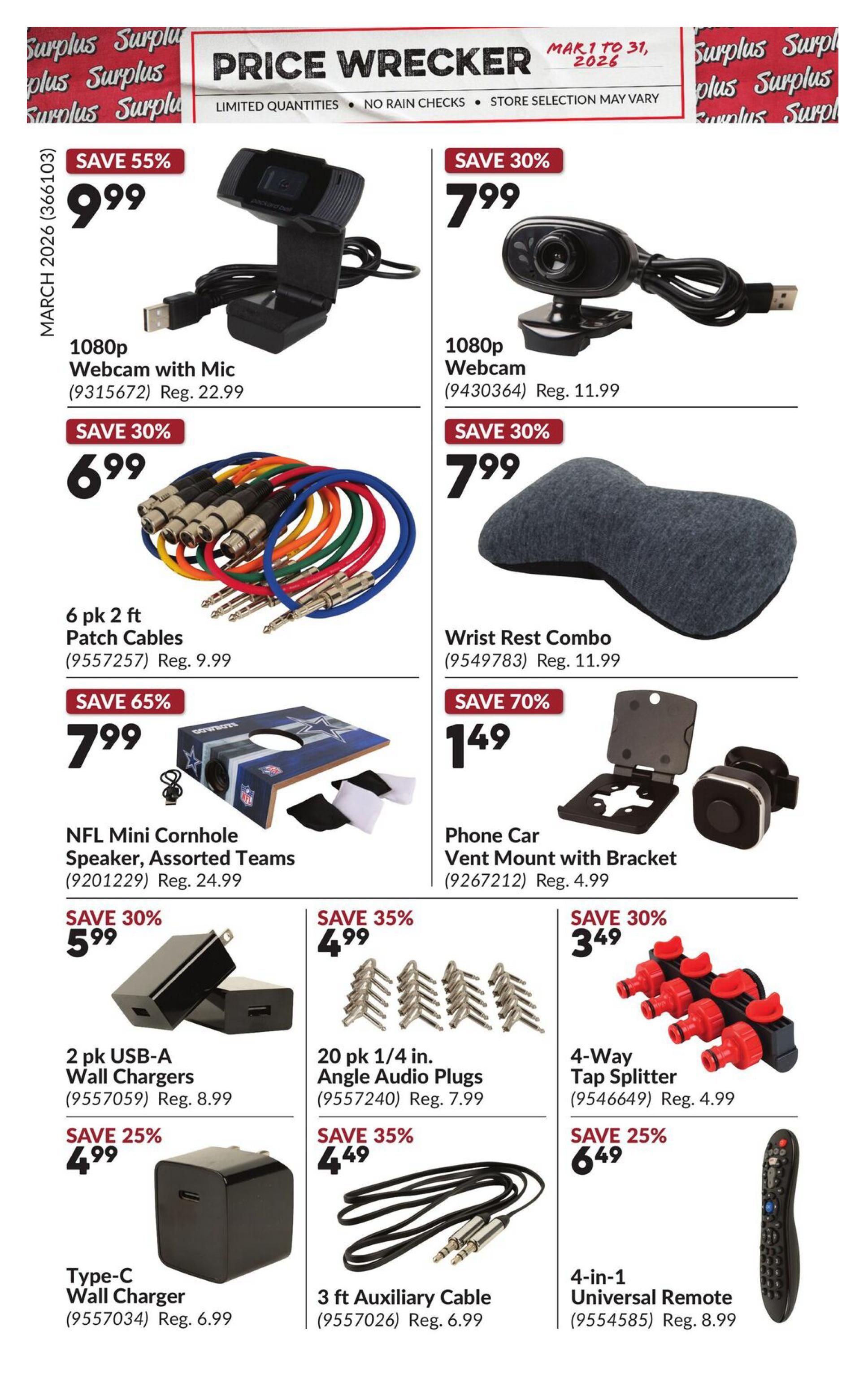 Princess Auto Price Wrecker flyer, page 5. Featured items include a 1080p Webcam with Mic on sale for $9.99 (save 55%), a 1080p Webcam for $7.99 (save 30%), a 6 pk 2 ft Patch Cables for $6.99 (save 30%), a Wrist Rest Combo for $7.99 (save 30%), an NFL Mini Cornhole Speaker for $7.99 (save 65%), and a Phone Car Vent Mount with Bracket for $1.49 (save 70%). Also available are a 2 pk USB-A Wall Chargers for $5.99 (save 30%), 20 pk 1/4 in. Angle Audio Plugs for $4.99 (save 35%), a 4-Way Tap Splitter for $3.49 (save 30%), a Type-C Wall Charger for $4.99 (save 25%), a 3 ft Auxiliary Cable for $4.49 (save 35%), and a 4-in-1 Universal Remote for $6.49 (save 25%).