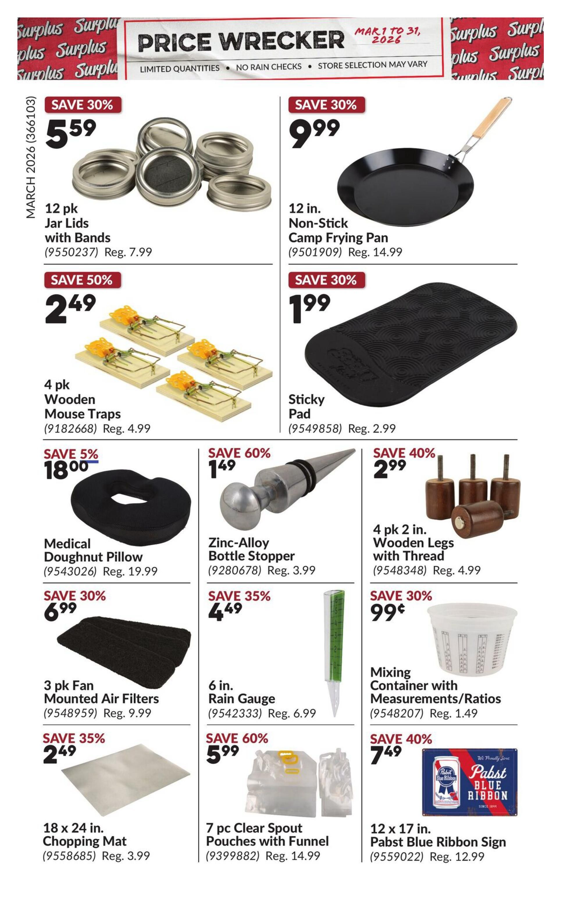 Princess Auto Price Wrecker flyer, page 9. Featured items include: 12 pk Jar Lids with Bands on sale for $5.59 (Save 30%, Reg. $7.99), 12 in. Non-Stick Camp Frying Pan for $9.99 (Save 30%, Reg. $14.99), 4 pk Wooden Mouse Traps for $2.49 (Save 50%, Reg. $4.99), and a Sticky Pad for $1.99 (Save 30%, Reg. $2.99). Also available are a Medical Doughnut Pillow for $18.00 (Save 5%, Reg. $19.99), a Zinc-Alloy Bottle Stopper for $1.49 (Save 60%, Reg. $3.99), and 4 pk 2 in. Wooden Legs with Thread for $2.99 (Save 40%, Reg. $4.99). Additional deals include 3 pk Fan Mounted Air Filters for $6.99 (Save 30%, Reg. $9.99), a 6 in. Rain Gauge for $4.49 (Save 35%, Reg. $6.99), and a Mixing Container with Measurements/Ratios for $0.99 (Save 30%, Reg. $1.49). Finally, an 18 x 24 in. Chopping Mat is on sale for $2.49 (Save 35%, Reg. $3.99), 7 pc Clear Spout Pouches with Funnel for $5.99 (Save 60%, Reg. $14.99), and a 12 x 17 in. Pabst Blue Ribbon Sign for $7.49 (Save 40%, Reg. $12.99).