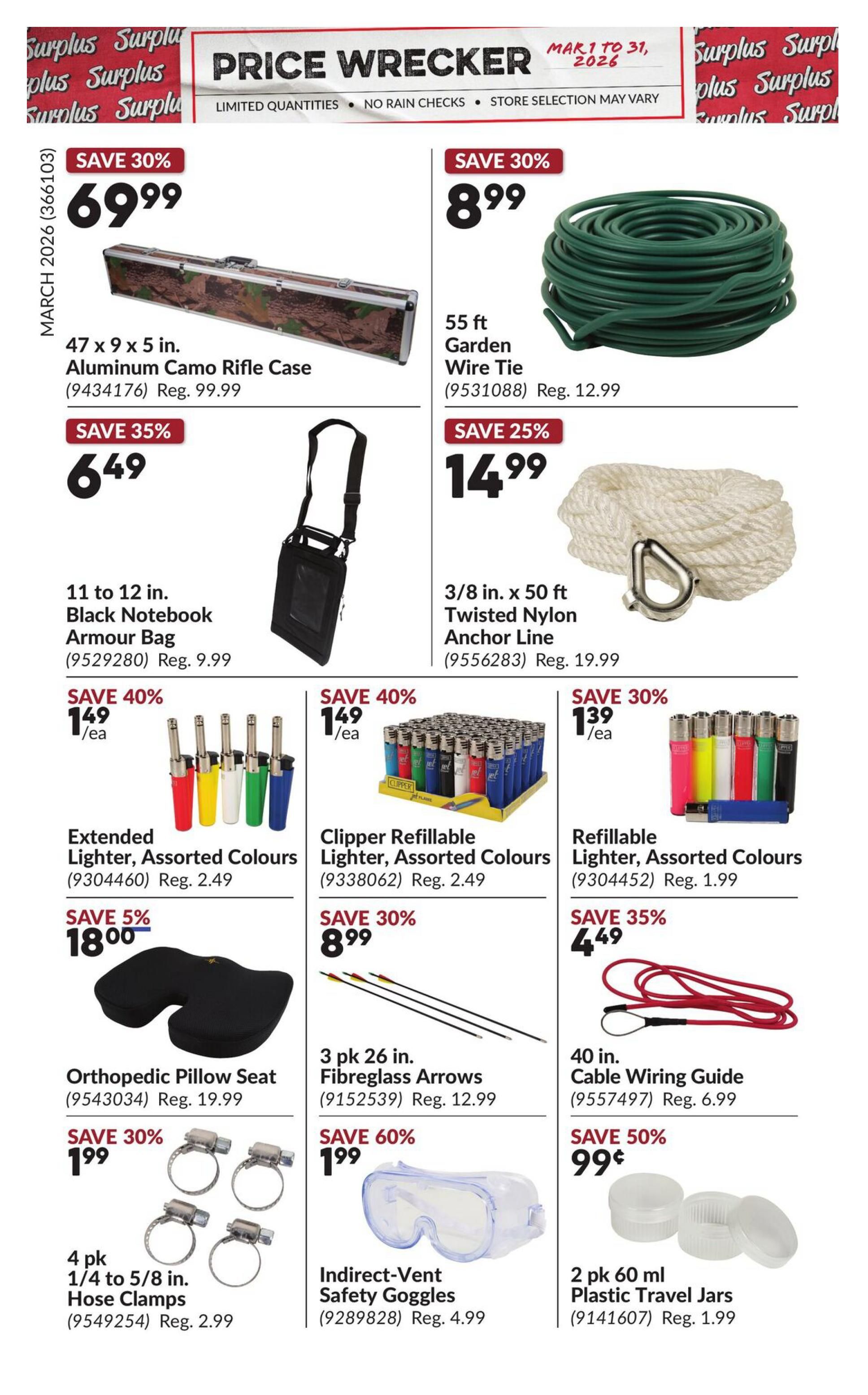 Princess Auto Price Wrecker flyer, page 11. Featured items include a 47 x 9 x 5 in. Aluminum Camo Rifle Case on sale for $69.99 (save 30%), a 55 ft Garden Wire Tie for $8.99 (save 30%), and an 11 to 12 in. Black Notebook Armour Bag for $6.49 (save 35%). Also available are Extended Lighter, Assorted Colours for $1.49/ea (save 40%), Clipper Refillable Lighter, Assorted Colours for $1.49/ea (save 40%), and Refillable Lighter, Assorted Colours for $1.39/ea (save 30%). Additional deals include an Orthopedic Pillow Seat for $18.00 (save 5%), 3 pk 26 in. Fibreglass Arrows for $8.99 (save 30%), 4 pk 1/4 to 5/8 in. Hose Clamps for $1.99 (save 30%), Indirect-Vent Safety Goggles for $1.99 (save 60%), a 40 in. Cable Wiring Guide for $4.49 (save 35%), and a 2 pk 60 ml Plastic Travel Jars for $0.99 (save 50%).