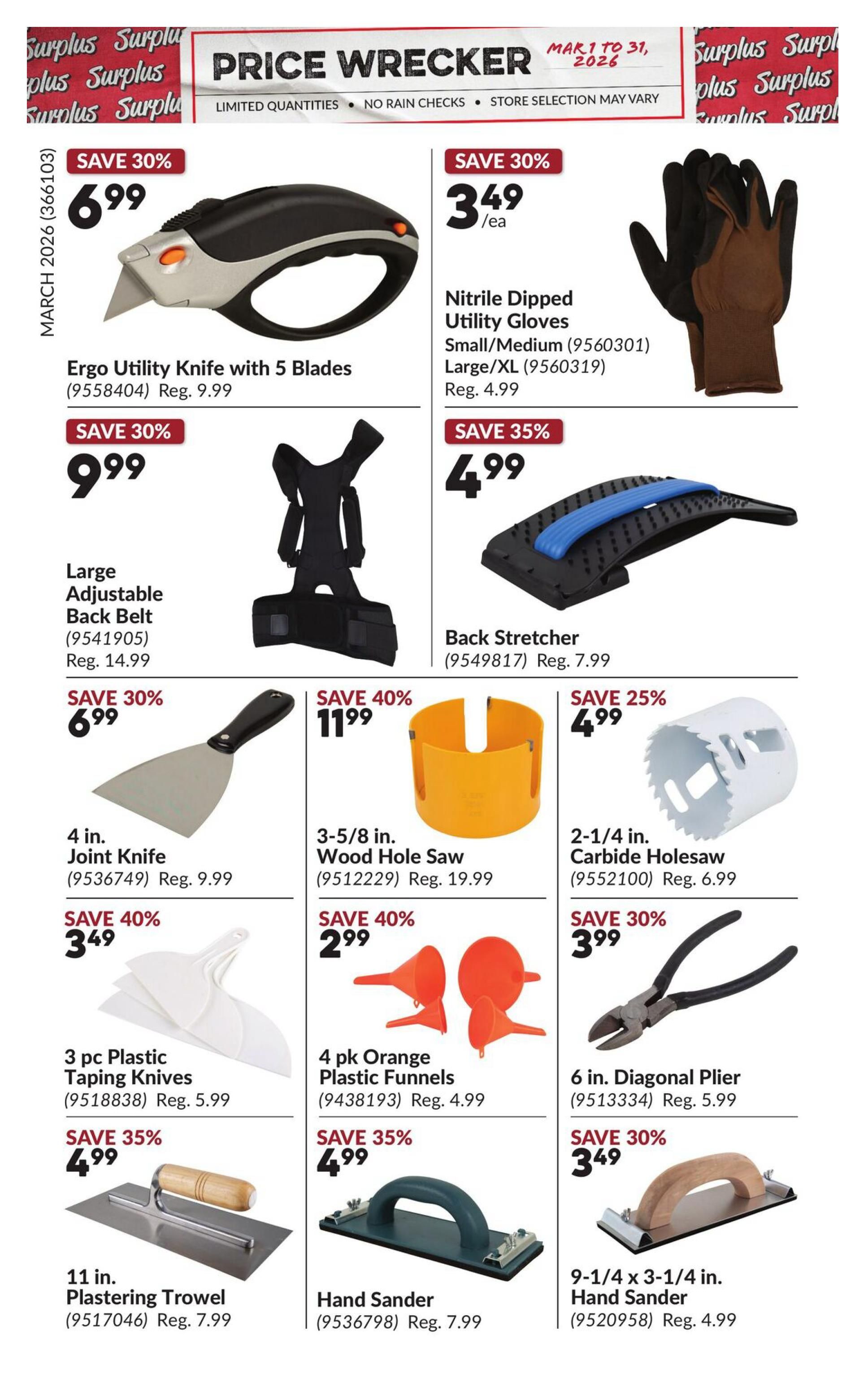 Princess Auto Price Wrecker flyer, page 14. Featured items include an Ergo Utility Knife with 5 Blades on sale for $6.99 (save 30%), Nitrile Dipped Utility Gloves in Small/Medium and Large/XL for $3.49 each (save 30%), a Large Adjustable Back Belt for $9.99 (save 30%), and a Back Stretcher for $4.99 (save 35%). Also available are a 4 in. Joint Knife for $6.99 (save 30%), a 3-5/8 in. Wood Hole Saw for $11.99 (save 40%), and a 2-1/4 in. Carbide Holesaw for $4.99 (save 25%). Additional deals include a 3 pc Plastic Taping Knives set for $3.49 (save 40%), a 4 pk Orange Plastic Funnels for $2.99 (save 40%), a 6 in. Diagonal Plier for $3.99 (save 30%), an 11 in. Plastering Trowel for $4.99 (save 35%), a Hand Sander for $4.99 (save 35%), and a 9-1/4 x 3-1/4 in. Hand Sander for $3.49 (save 30%).