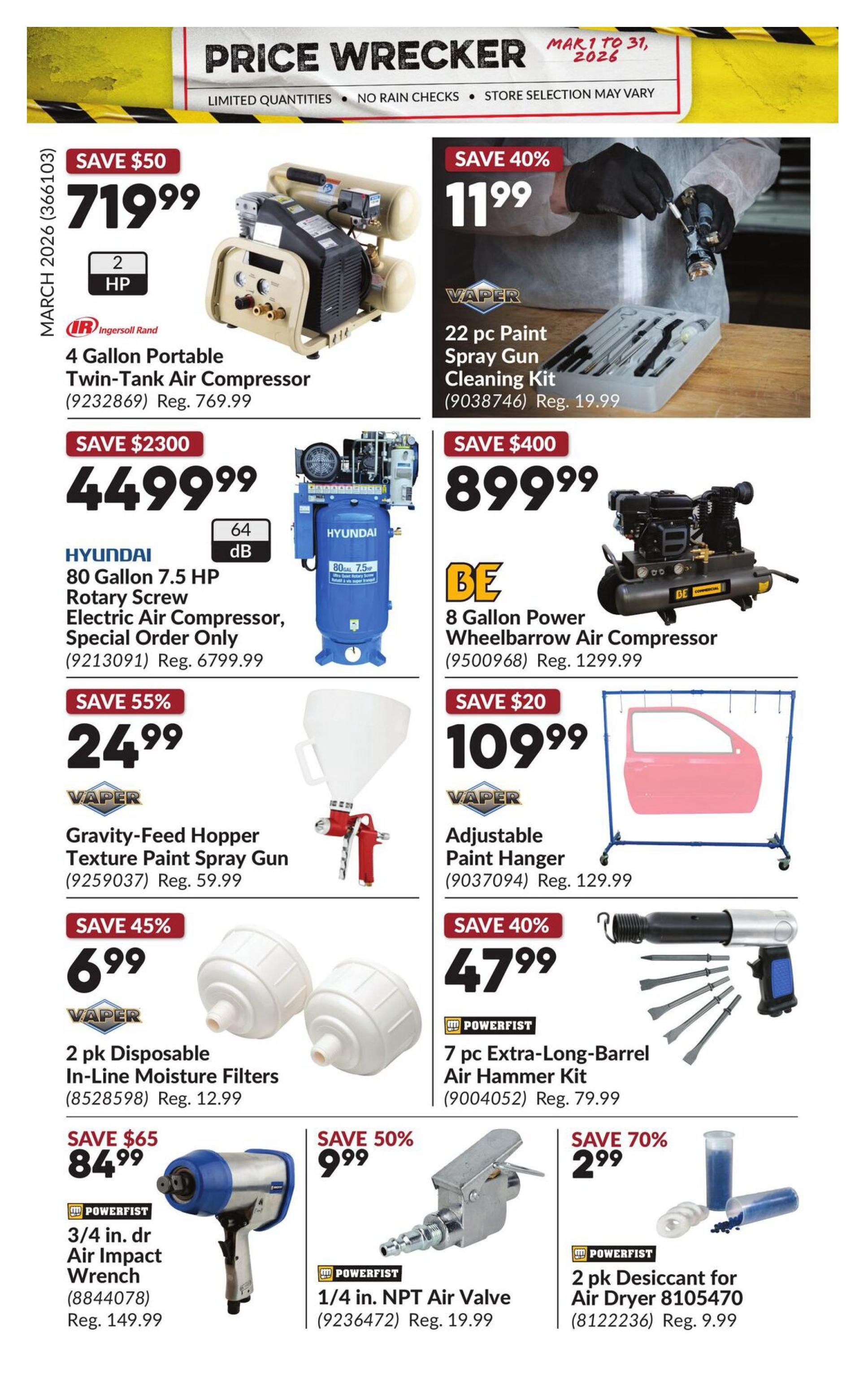 Princess Auto Price Wrecker flyer, page 18. Featured items include a 4 Gallon Portable Twin-Tank Air Compressor by Ingersoll Rand for $719.99 (Save $50), a 22 pc Paint Spray Gun Cleaning Kit by Vaper for $11.99 (Save 40%), a Hyundai 80 Gallon 7.5 HP Rotary Screw Electric Air Compressor, Special Order Only for $4499.99 (Save $2300), and a BE 8 Gallon Power Wheelbarrow Air Compressor for $899.99 (Save $400). Also available are a Vaper Gravity-Feed Hopper Texture Paint Spray Gun for $24.99 (Save 55%), an Adjustable Paint Hanger by Vaper for $109.99 (Save $20), 2 pk Disposable In-Line Moisture Filters by Vaper for $6.99 (Save 45%), a 7 pc Extra-Long-Barrel Air Hammer Kit by Powerfist for $47.99 (Save 40%), a Powerfist 3/4 in. dr Air Impact Wrench for $84.99 (Save $65), a Powerfist 1/4 in. NPT Air Valve for $9.99 (Save 50%), and 2 pk Desiccant for Air Dryer by Powerfist for $2.99 (Save 70%).