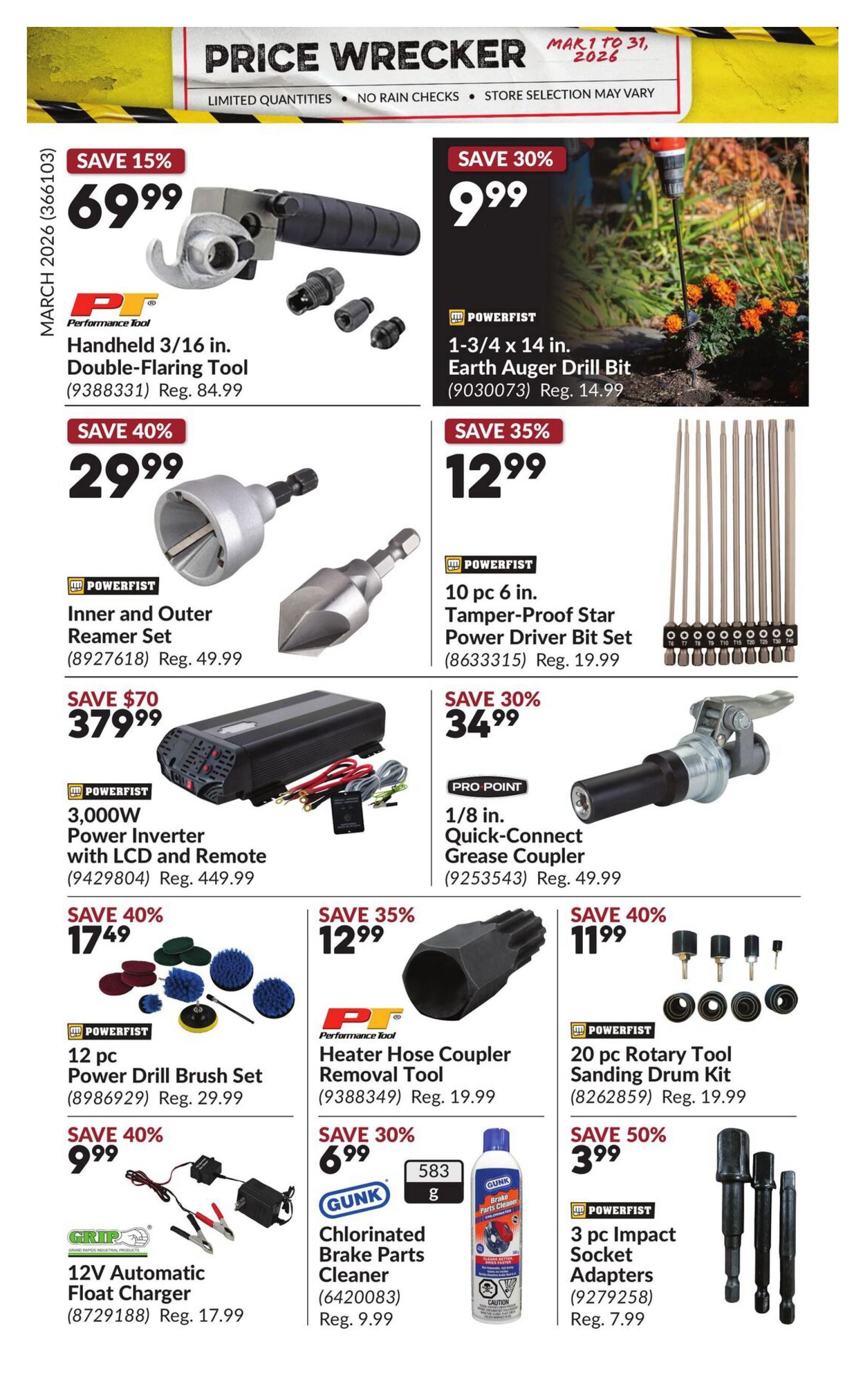Princess Auto Price Wrecker flyer, page 20. Featured items include a Powerfist Handheld 3/16 in. Double-Flaring Tool on sale for $69.99 (save 15%), a Powerfist 1-3/4 x 14 in. Earth Auger Drill Bit for $9.99 (save 30%), and a Powerfist Inner and Outer Reamer Set for $29.99 (save 40%). Also available is a Powerfist 10 pc 6 in. Tamper-Proof Star Power Driver Bit Set for $12.99 (save 35%), a 3,000W Power Inverter with LCD and Remote for $379.99 (save $70), and a Pro-Point 1/8 in. Quick-Connect Grease Coupler for $34.99 (save 30%). Additional deals include a Powerfist 12 pc Power Drill Brush Set for $17.49 (save 40%), a Performance Tool Heater Hose Coupler Removal Tool for $12.99 (save 35%), a Powerfist 20 pc Rotary Tool Sanding Drum Kit for $11.99 (save 40%), a Grip 12V Automatic Float Charger for $9.99 (save 40%), Gunk Chlorinated Brake Parts Cleaner for $6.99 (save 30%), and a Powerfist 3 pc Impact Socket Adapters for $3.99 (save 50%).