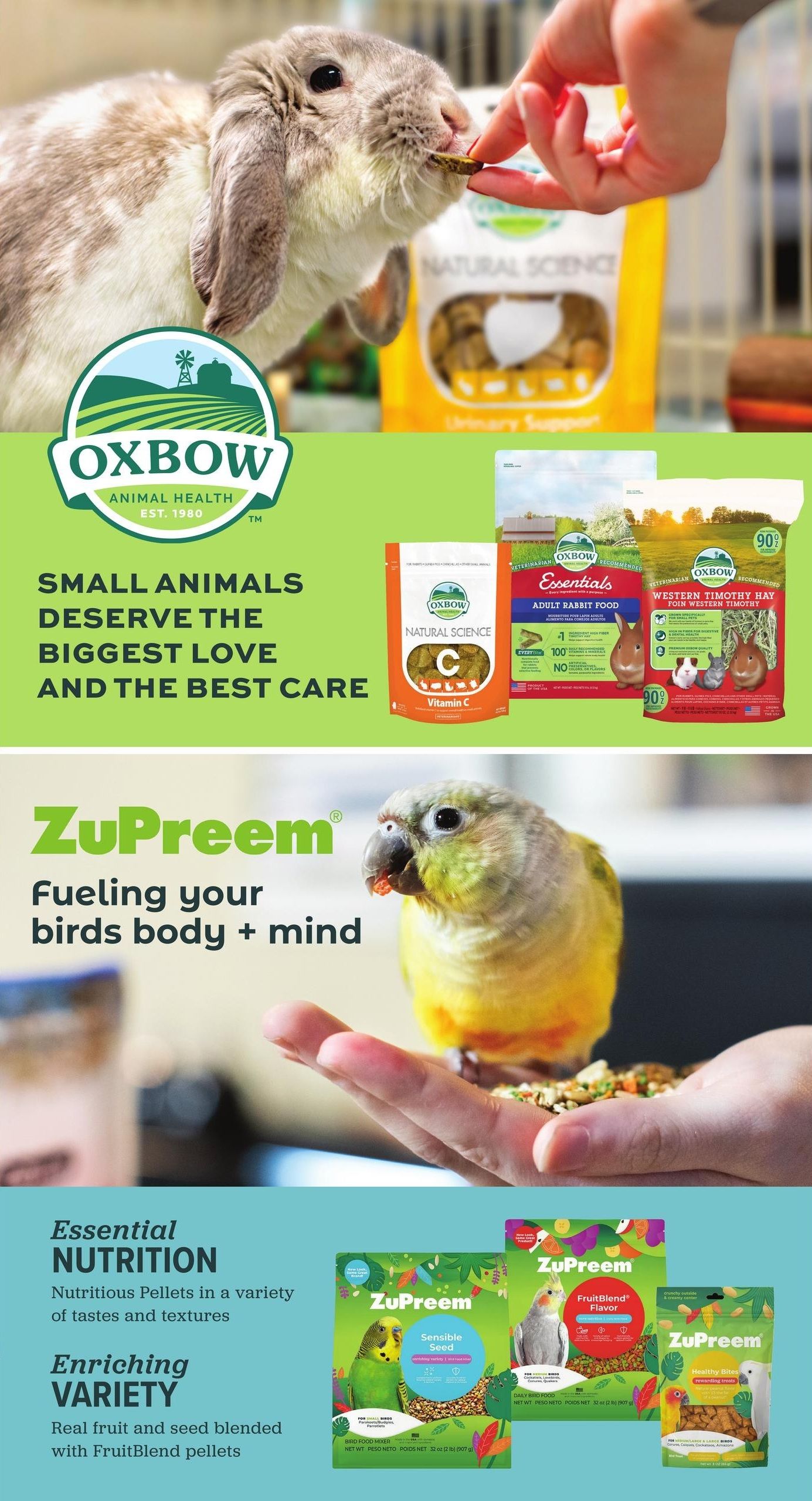 PetSmart flyer page 7 featuring small animal and bird food. The top section highlights Oxbow Animal Health with a rabbit being fed. Products shown include Oxbow Natural Science Vitamin C, Oxbow Essentials Adult Rabbit Food, and Oxbow Western Timothy Hay for small animals. The bottom section features ZuPreem bird food, emphasizing 'Fueling your birds body + mind' with 'Essential Nutrition' and 'Enriching Variety'. Products include ZuPreem Sensible Seed Bird Food Mixer, ZuPreem FruitBlend Flavor Daily Bird Food, and ZuPreem Healthy Bites rewarding treats for birds.