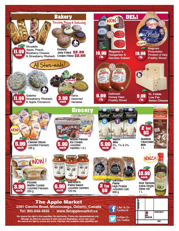 The Apple Market weekly flyer specials for page 2, featuring bakery items like Strudels for $11.99 each, and Jelly Filled Donuts for $2.29. Also available are Galettes for $11.99 each and Assorted Tarts for $3.99 each. In the Deli section, find Wagoner's Hungarian & German Salami for $10.99/lb, Negroni Prosciutto for $19.99/lb, Delifresh Honey Ham for $8.99/lb, and St. Fidel St. Fidel Swiss Cheese for $9.99/lb. Grocery deals include Castello Cheese Slices for $5.99 each, Nestle Parlour Ice Cream for $5.99 each, Natrel Milk for $5.99 each, and Sealtest Chocolate Milk 2 for $5. Pizzelle Waffle Cookies are $3.99 each, Marinelli's Pasta Sauce is $6.99 each, Garofalo Pasta High Protein Assorted Cuts are 2 for $9, and Don Turiddu Extra Virgin Olive Oil is $18.99 each. The flyer is valid from March 2 to March 8, 2026.