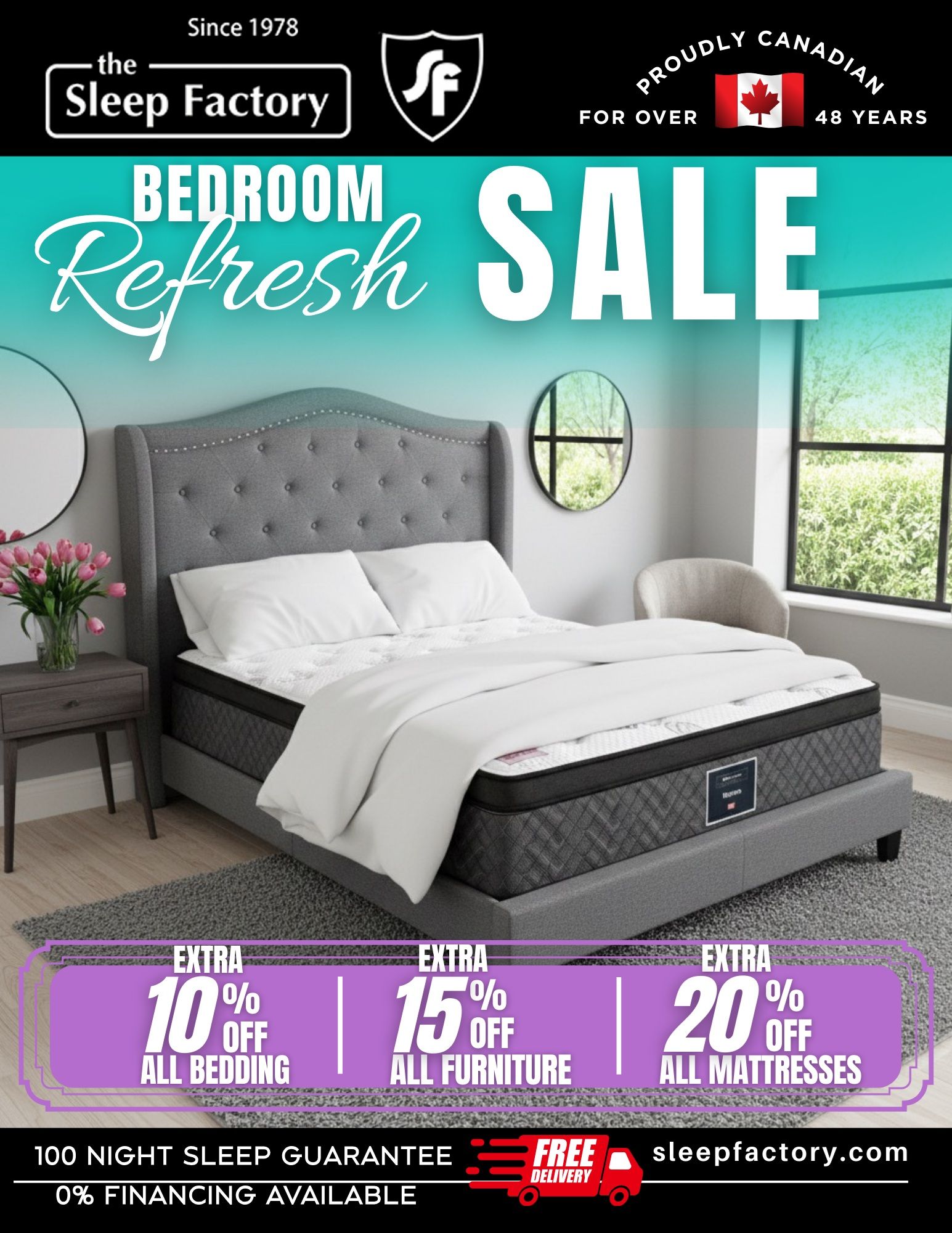 The Sleep Factory flyer featuring a Bedroom Refresh Sale. Offers include an extra 10% off all bedding, an extra 15% off all furniture, and an extra 20% off all mattresses. The flyer highlights a 100 Night Sleep Guarantee and 0% financing available. Visit sleepfactory.com for more details. Proudly Canadian for over 48 years.