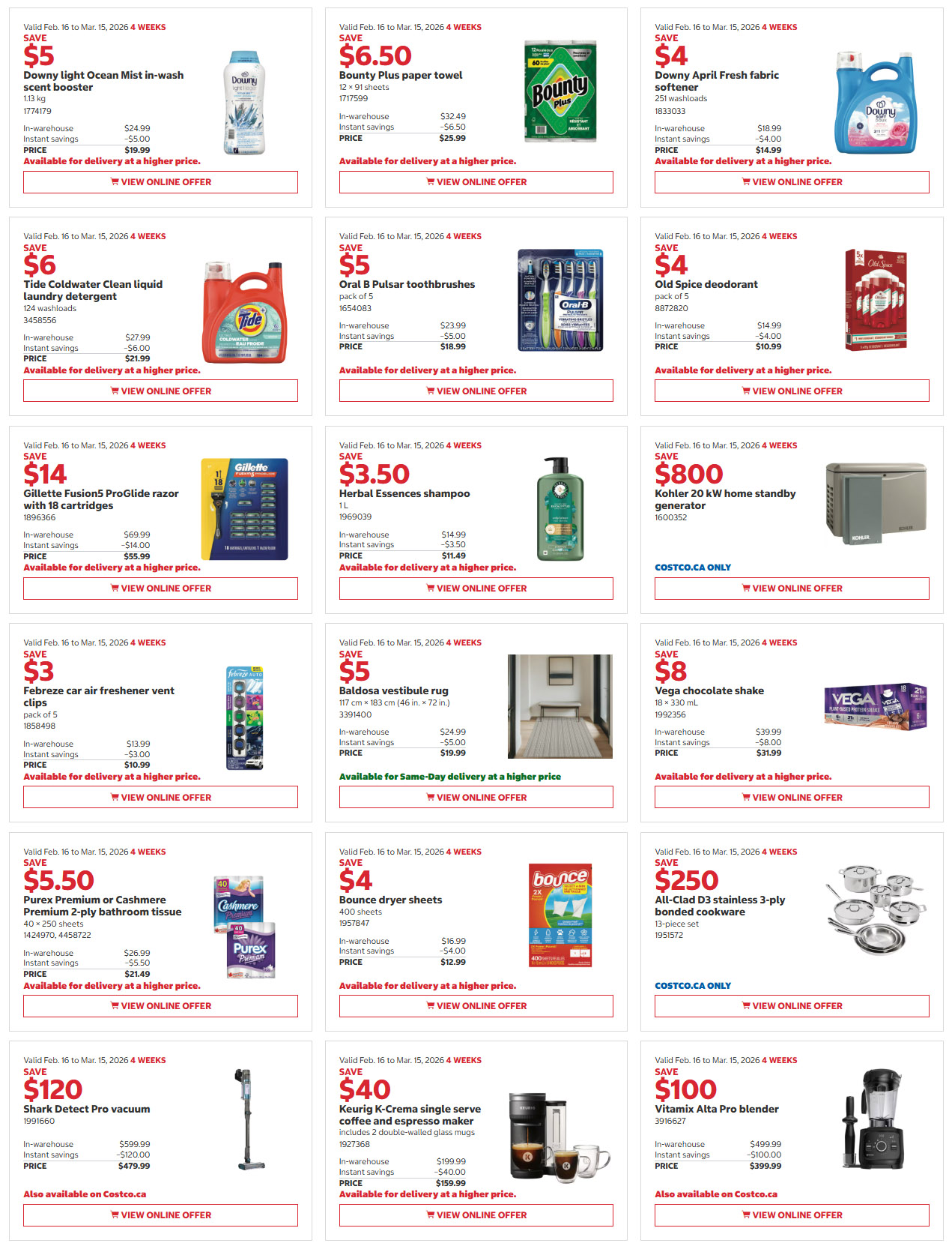 Costco flyer page 2 features savings from February 16 to March 15, 2026. Deals include Downy Light Ocean Mist in-wash scent booster for $19.99, Bounty Plus paper towel 12 x 91 sheets for $25.99, and Downy April Fresh fabric softener for $14.99. Also available are Tide Coldwater Clean liquid laundry detergent for $21.99, Oral B Pulsar toothbrushes 5 pack for $18.99, and Old Spice deodorant 4 pack for $10.99. Savings continue with Gillette Fusion5 ProGlide razor with 18 cartridges for $55.99, Herbal Essences shampoo 1L for $11.49, and Kohler 20 kW home standby generator for $800. Additional offers include Febreze car air freshener vent clips 5 pack for $10.99, Baldosa vestibule rug 117 cm x 183 cm for $19.99, and Vega chocolate shake 18 x 330 mL for $31.99. Further deals are Purex Premium or Cashmere Premium 2-ply bathroom tissue 40 + 250 sheets for $21.49, Bounce dryer sheets 400 sheets for $12.99, and All-Clad D3 stainless 3-ply bonded cookware 13-piece set for $250. Finally, save on a Shark Detect Pro Vacuum for $479.99 and a Keurig K-Crema single serve coffee and espresso maker with mugs for $159.99, and a Vitamix Alta Pro Blender for $399.99.
