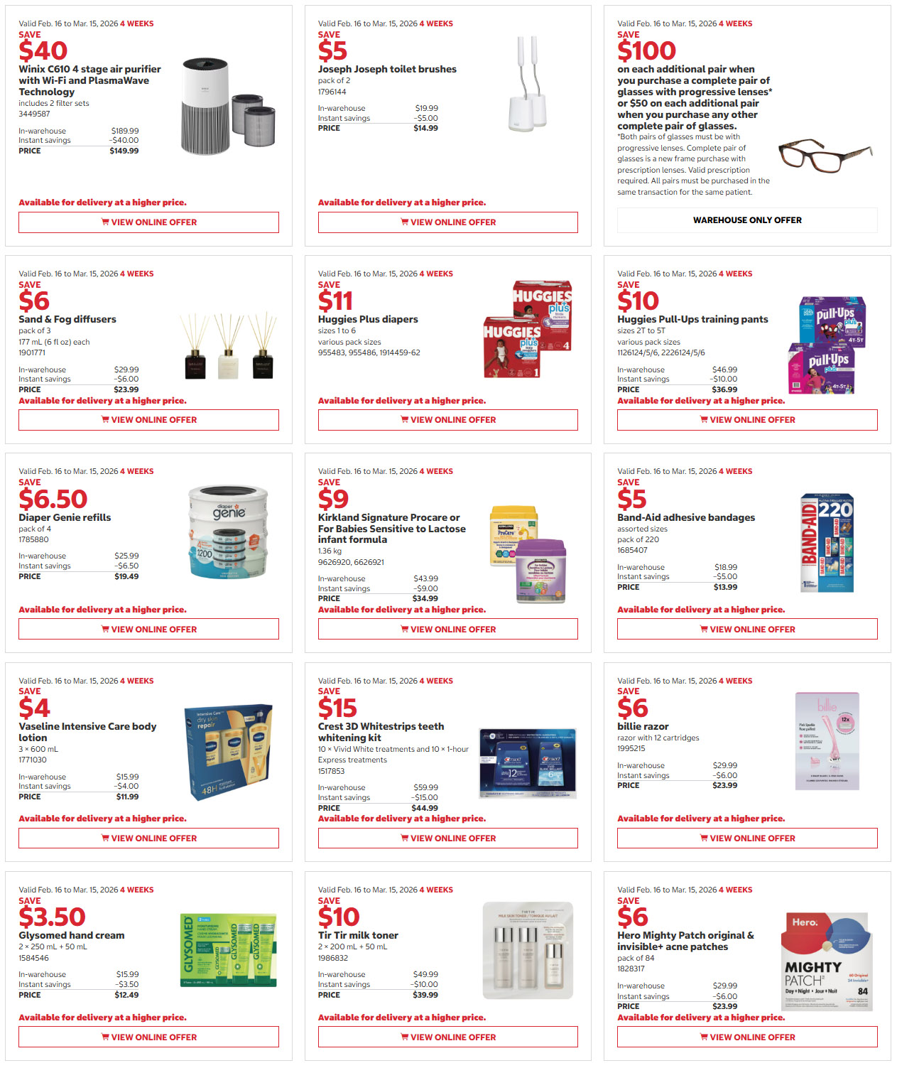 Costco flyer page 3 features savings from February 16 to March 15, 2026. Top row includes Winix C610 4 stage air purifier with Wi-Fi and PlasmaWave Technology for $149.99 (save $40), Joseph Joseph toilet brushes pack of 2 for $14.99 (save $5), and a buy one pair of glasses with progressive lenses, get a second pair for $50 or $100 off, with warehouse only offer. Middle row features Sand & Fog Diffusers for $23.99 (save $6), Huggies Plus diapers in various pack sizes for $36.99 (save $11), and Huggies Pull-Ups training pants in various pack sizes for $36.99 (save $10). Bottom row includes Diaper Genie refills pack of 4 for $19.49 (save $6.50), Kirkland Signature Procare or For Babies Sensitive to Lactose infant formula for $34.99 (save $9), and Band-Aid adhesive bandages assorted sizes pack of 220 for $13.99 (save $5). Additional items on the page are Vaseline Intensive Care body lotion 3 x 500 mL for $11.99 (save $4), Crest 3D Whitestrips teeth whitening kit with 10 Vivid White treatments and 10 x 1-hour Express treatments for $44.99 (save $15), Billie razor with 12 cartridges for $23.99 (save $6), Glysomed hand cream 2 x 250 mL + 50 mL for $12.49 (save $3.50), Tir Tir milk toner 2 x 200 mL + 50 mL for $39.99 (save $10), and Hero Mighty Patch original & invisible+ acne patches pack of 84 for $23.99 (save $6).