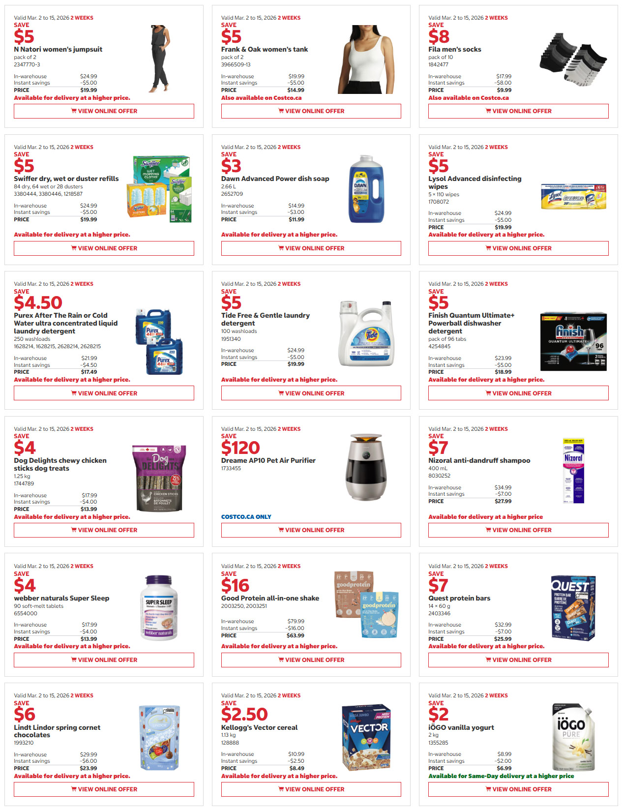 Costco flyer page 5 features savings from March 2 to March 15, 2026. Offers include N Natori women's jumpsuit for $19.99, Frank & Oak women's tank for $14.99, and Fila men's socks pack of 10 for $9.99. Cleaning supplies on sale are Swiffer dry, wet or duster refills for $13.99, Dawn Advanced Power dish soap for $11.99, Lysol Advanced disinfecting wipes for $19.99, Purex After The Rain or Cold Water ultra concentrated liquid laundry detergent for $17.49, Tide Free & Gentle laundry detergent for $19.99, and Finish Quantum Ultimate+ Powerball dishwasher detergent for $18.99. Pet products include Dog Delights chewy chicken sticks dog treats for $13.99. Other items are Dreame AP10 Pet Air Purifier for $120 (Costco.ca only), Nizoral anti-dandruff shampoo for $27.99, webber naturals Super Sleep soft-gels for $13.99, Good Protein all-in-one shake for $63.99, Quest protein bars for $25.99, Lindt Lindor spring cornet chocolates for $23.99, Kellogg's Vector cereal for $8.49, and iögo vanilla yogurt for $6.99.