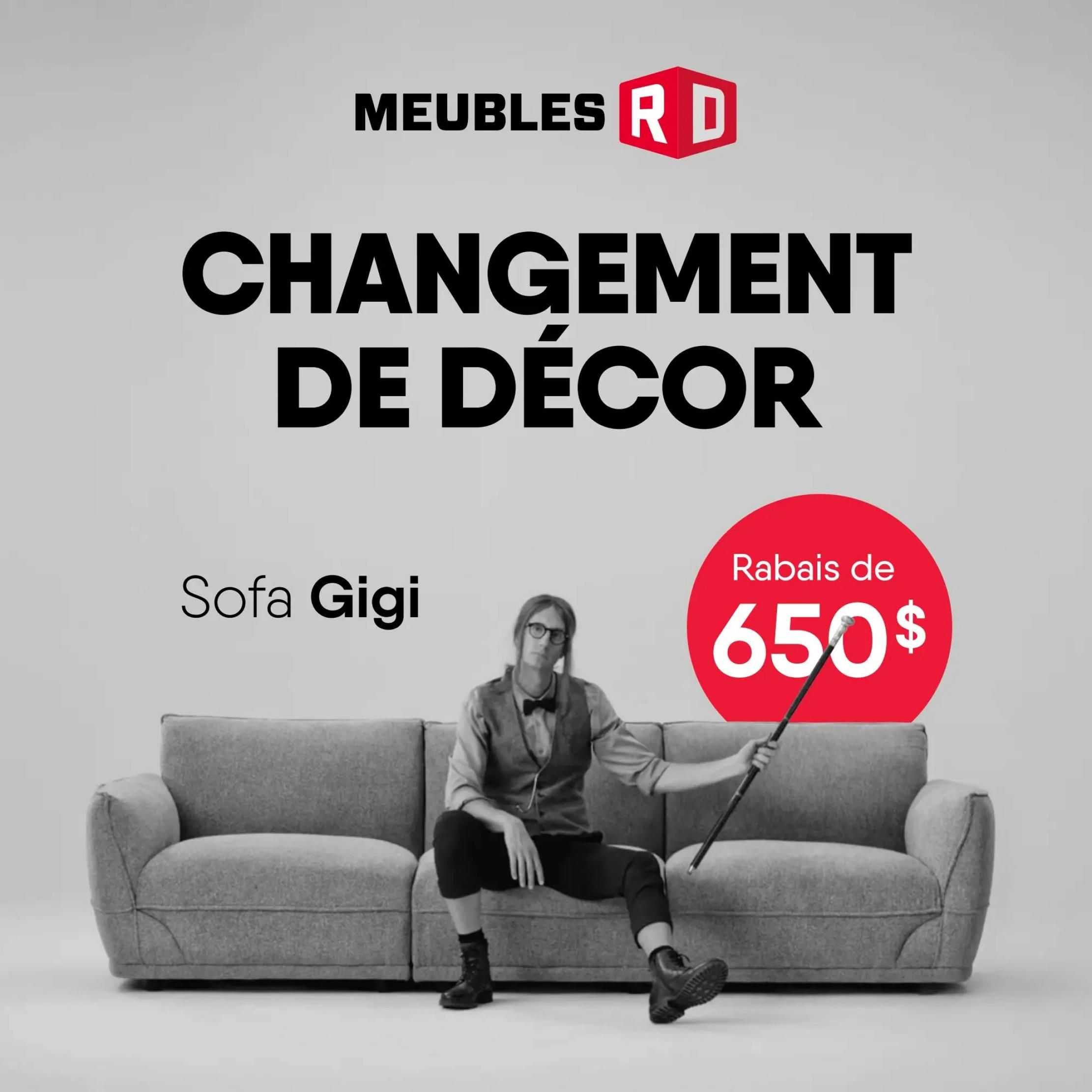 RD Furniture logo and 'Changement de décor' (Decor Change) headline. Features the Gigi Sofa with a 'Rabais de 650$' (Discount of $650) offer. A person is seated on the sofa, holding a cane.