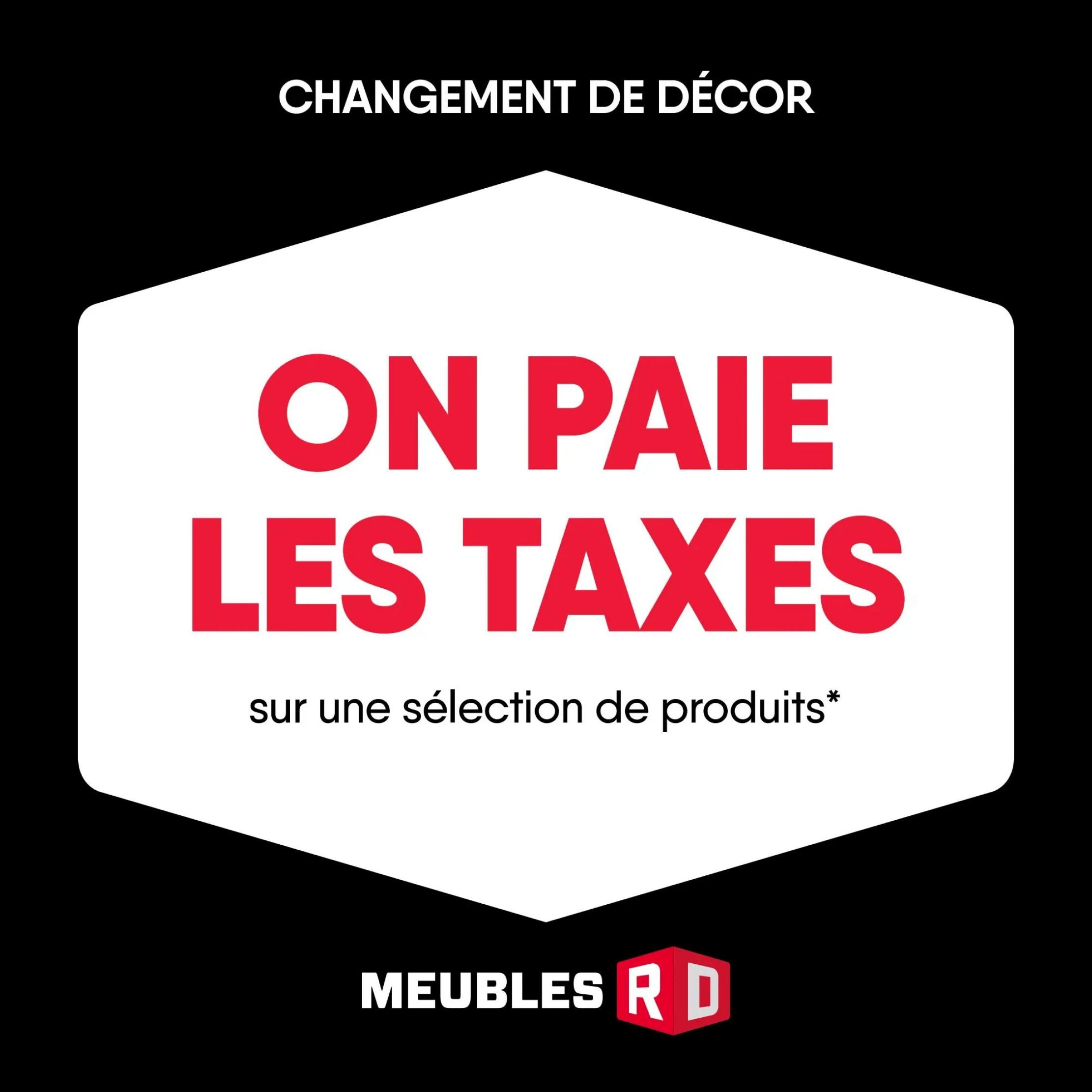 RD Furniture weekly flyer specials, page 2. Featuring a promotion: 'We pay the taxes' on a selection of products. The RD Furniture logo is displayed at the bottom.