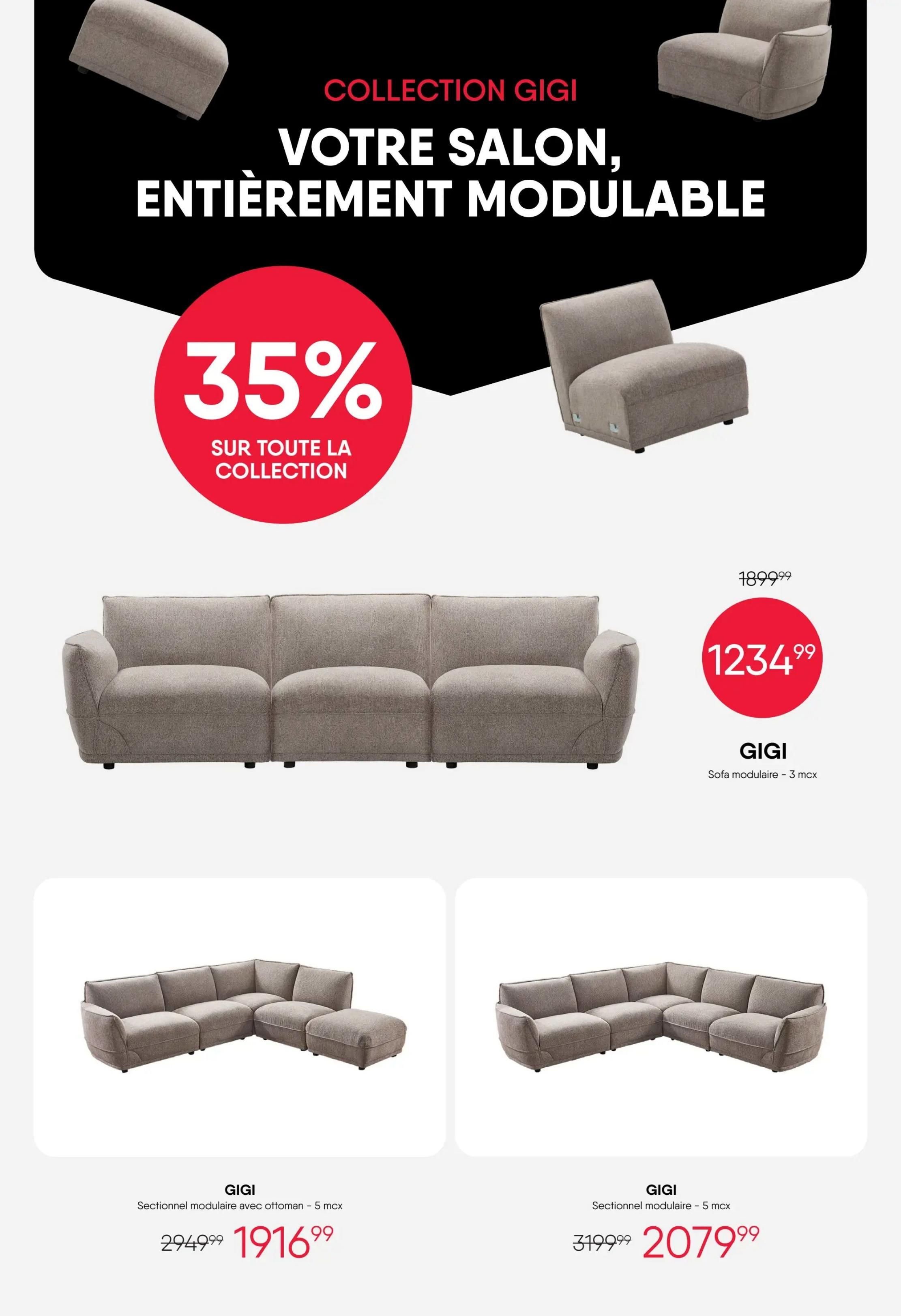 RD Furniture Weekly Flyer Specials, Page 3. Featuring the 'Collection Gigi' with 'Your Entirely Modular Living Room' and a 35% discount on the entire collection. A Gigi modular sofa (3 pieces) is priced at $1234.99, down from $1899.99. Also shown are a Gigi sectional sofa with ottoman (5 pieces) for $1916.99 (originally $2949.99) and another Gigi sectional sofa (5 pieces) for $2079.99 (originally $3199.99).