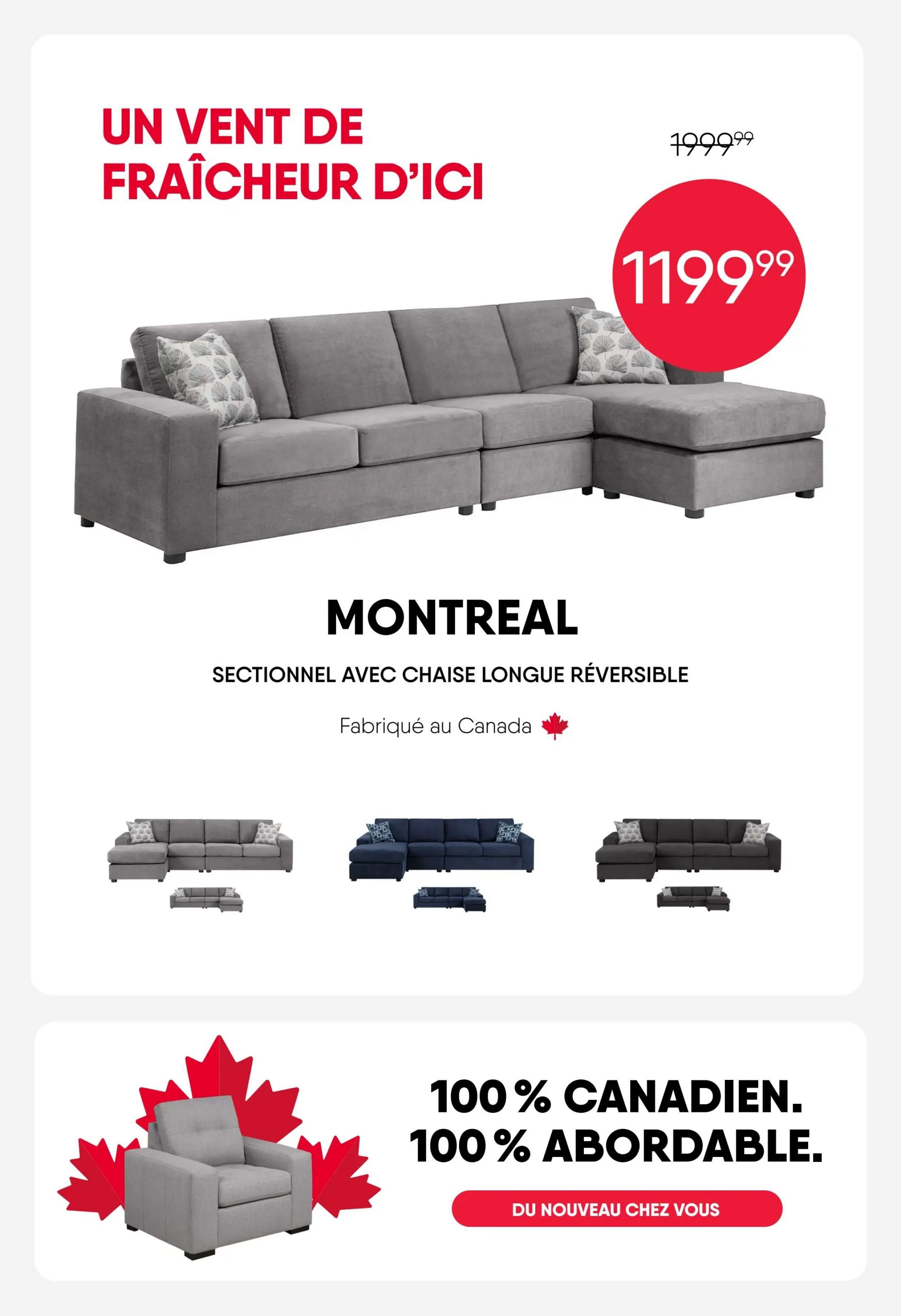 RD Furniture Weekly Flyer Specials, Page 4. Features a 'Freshness Sale' with the Montreal sectional sofa with reversible chaise on sale for $1199.99, down from $1999.99. The sectional is shown in grey and is made in Canada. Smaller images display the sectional in grey and navy blue, along with a matching loveseat. The bottom section highlights '100% Canadian. 100% Affordable.' with an image of a grey armchair and red maple leaves, and a button that says 'New at your home'.