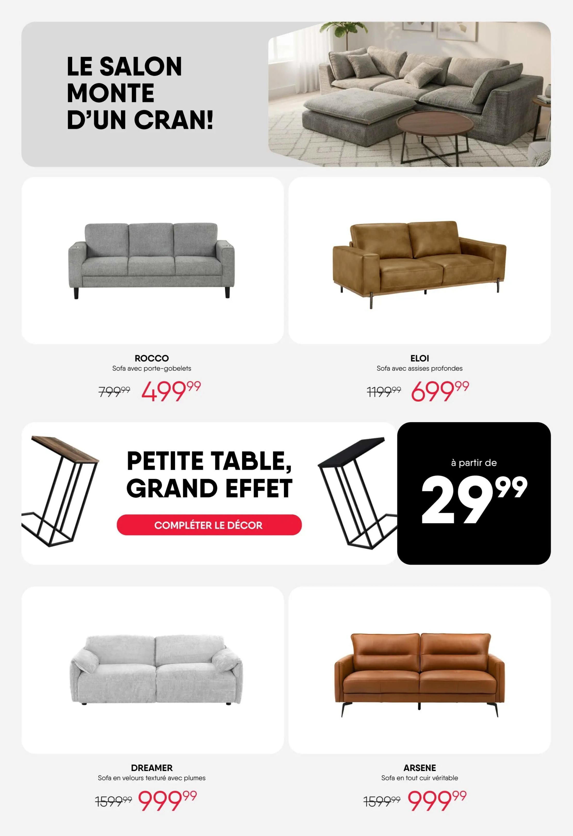 RD Furniture Weekly Flyer Specials, Page 5. Featured is a stylish living room setup with a large sectional sofa and ottoman. Below, the ROCCO sofa with cup holders is on sale for $499.99, down from $799.99. The ELOI sofa with deep seats is priced at $699.99, reduced from $1199.99. A petite side table with a large effect is available starting at $29.99. Also featured are the DREAMER sofa in textured velvet with down filling for $999.99 (originally $1599.99) and the ARSENE sofa in genuine leather for $999.99 (originally $1599.99).