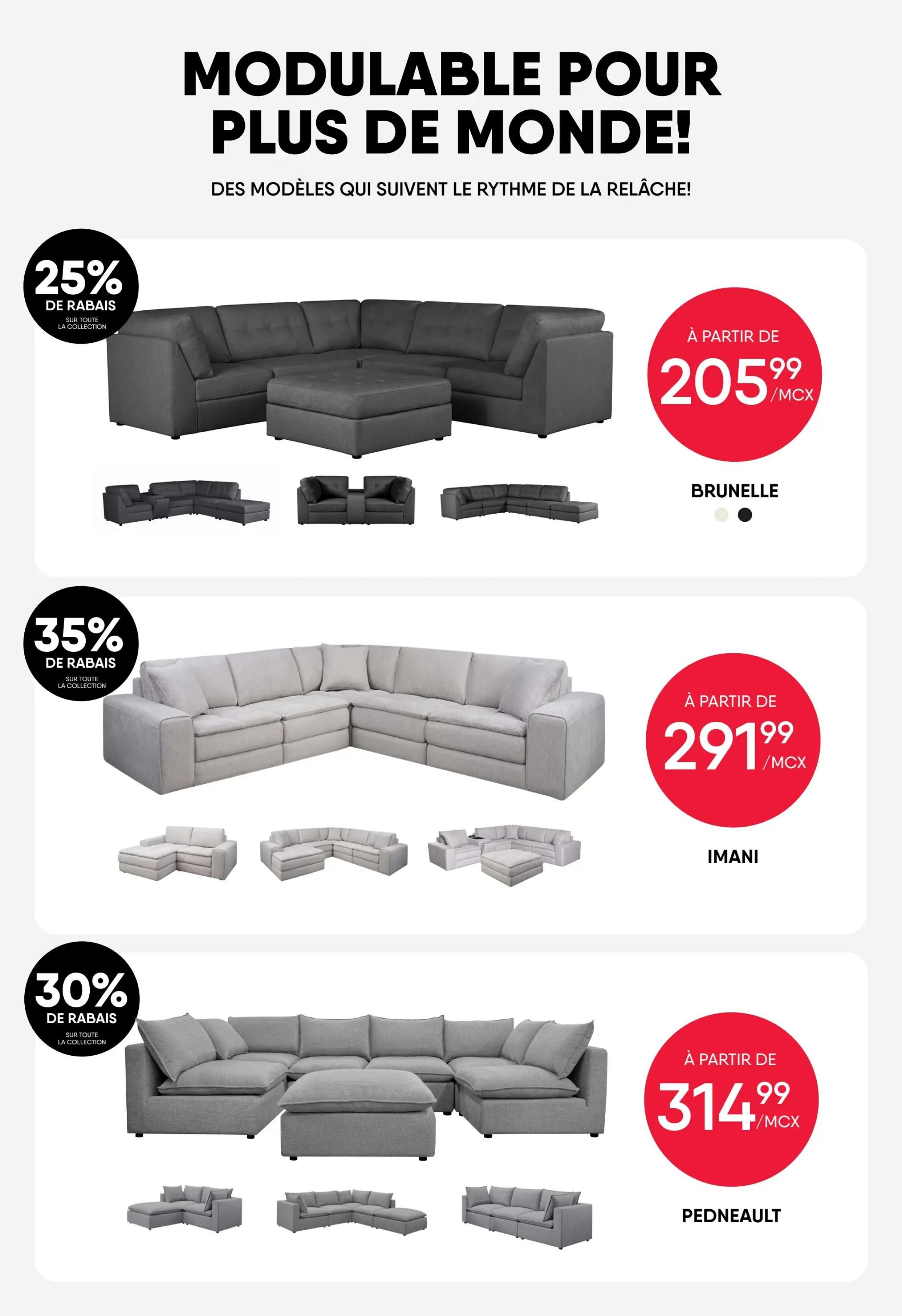 RD Furniture weekly flyer specials page 6 features modular sectionals. The top section showcases the Brunelle sectional with 25% off, starting at $205.99. Below, the Imani sectional is available with 35% off, starting at $291.99. The bottom section features the Pedneault sectional with 30% off, starting at $314.99. All sectionals are shown in various configurations with ottoman options.