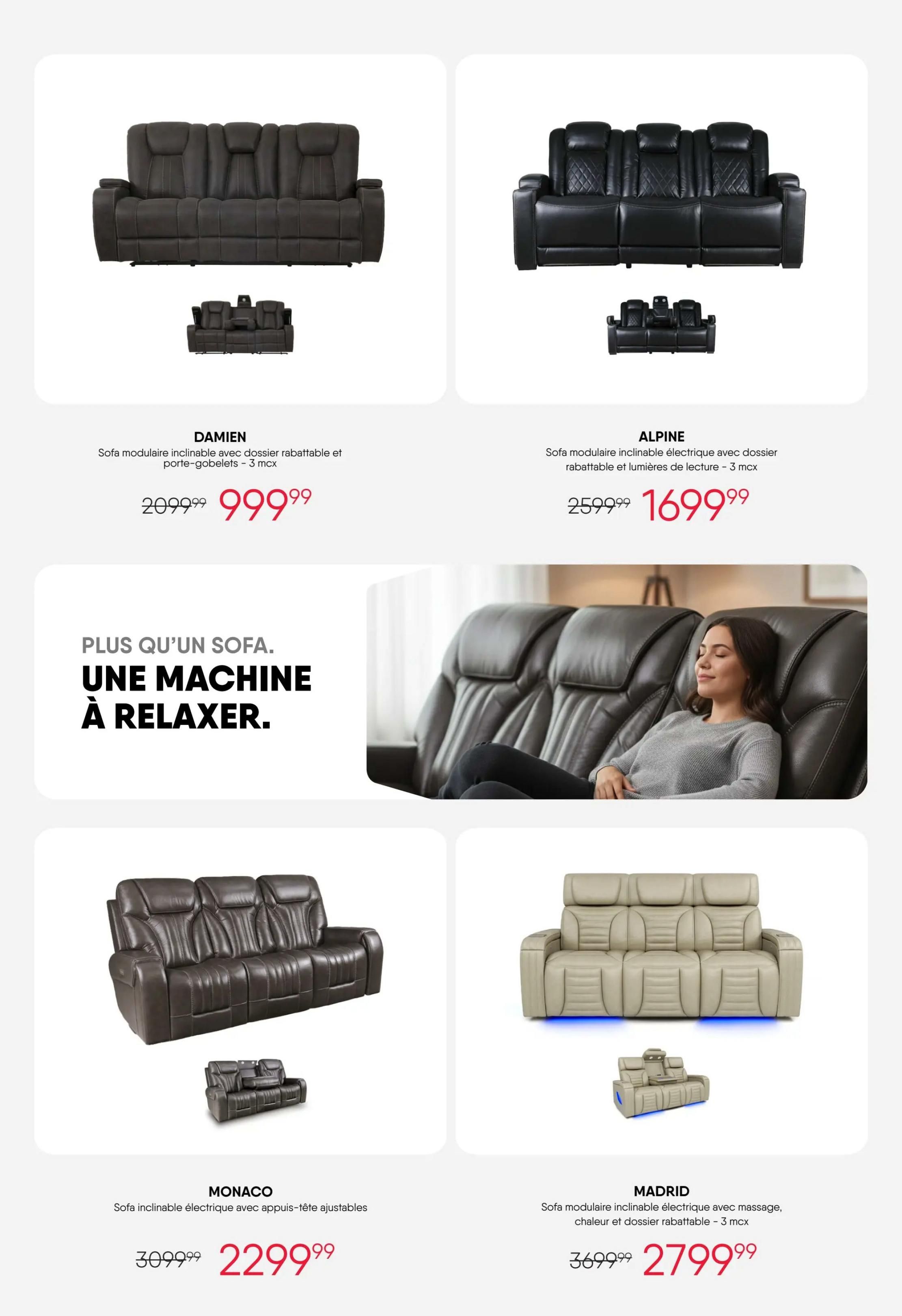 RD Furniture weekly flyer specials page 7 features reclining sofas. The DAMIEN modular reclining sofa with drop-down back and cup holders is on sale for $999.99, down from $2099.99. The ALPINE modular electric reclining sofa with drop-down back and reading lights is priced at $1699.99, reduced from $2599.99. A large graphic promotes 'More than a sofa. A machine to relax.' The MONACO electric reclining sofa with adjustable headrests is available for $2299.99, marked down from $3099.99. The MADRID modular electric reclining sofa with massage, heat, and drop-down back is featured at $2799.99, originally $3699.99.