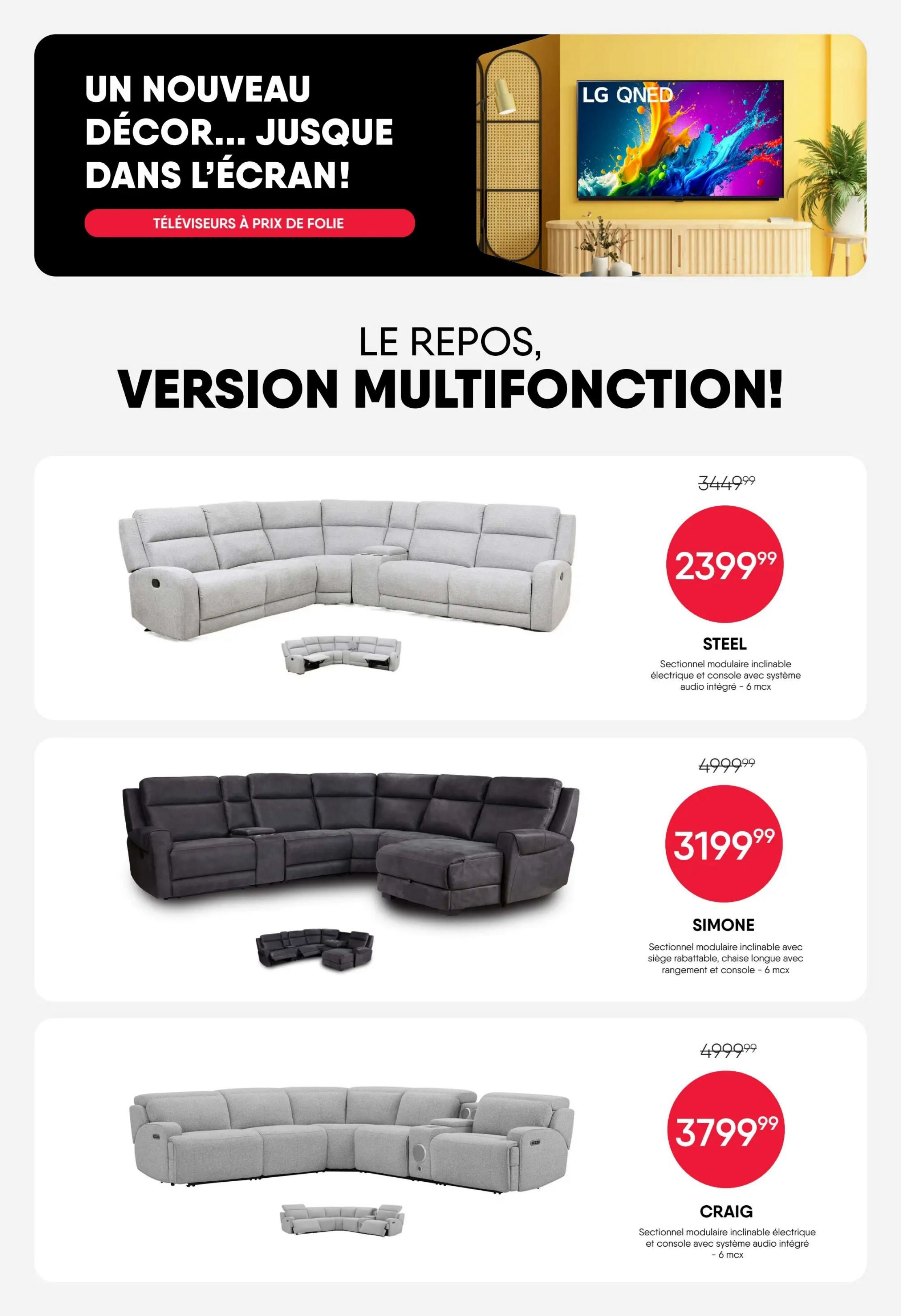 RD Furniture weekly flyer specials page 8 features a collection of multifunctional reclining sectionals. The top offer is the STEEL sectional, a modular reclining electric sectional with integrated audio and console, priced at $2399.99, down from $3449.99. Below that is the SIMONE sectional, a modular reclining sectional with a foldable seat, chaise lounge, storage, and console, available for $3199.99, reduced from $4999.99. The final featured item is the CRAIG sectional, a modular reclining electric sectional with integrated audio and console, priced at $3799.99, also reduced from $4999.99. The page also includes a header promoting 'A new decor... right on screen!' with an image of an LG QNED television.