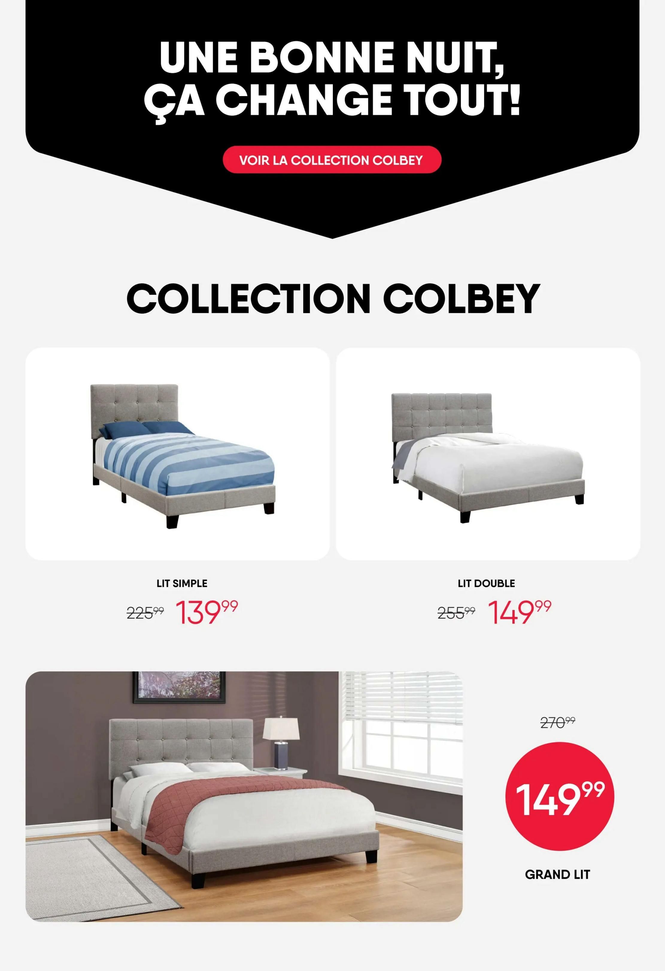 RD Furniture weekly flyer specials page 9 features the Colbey Collection. A 'good night, it changes everything!' slogan is displayed. The Colbey Collection includes a simple bed (Lit Simple) on sale for $139.99, originally $225.99. A double bed (Lit Double) is on sale for $149.99, originally $255.99. A grand lit (King size bed) is also available for $149.99, with a previous price of $270.99.