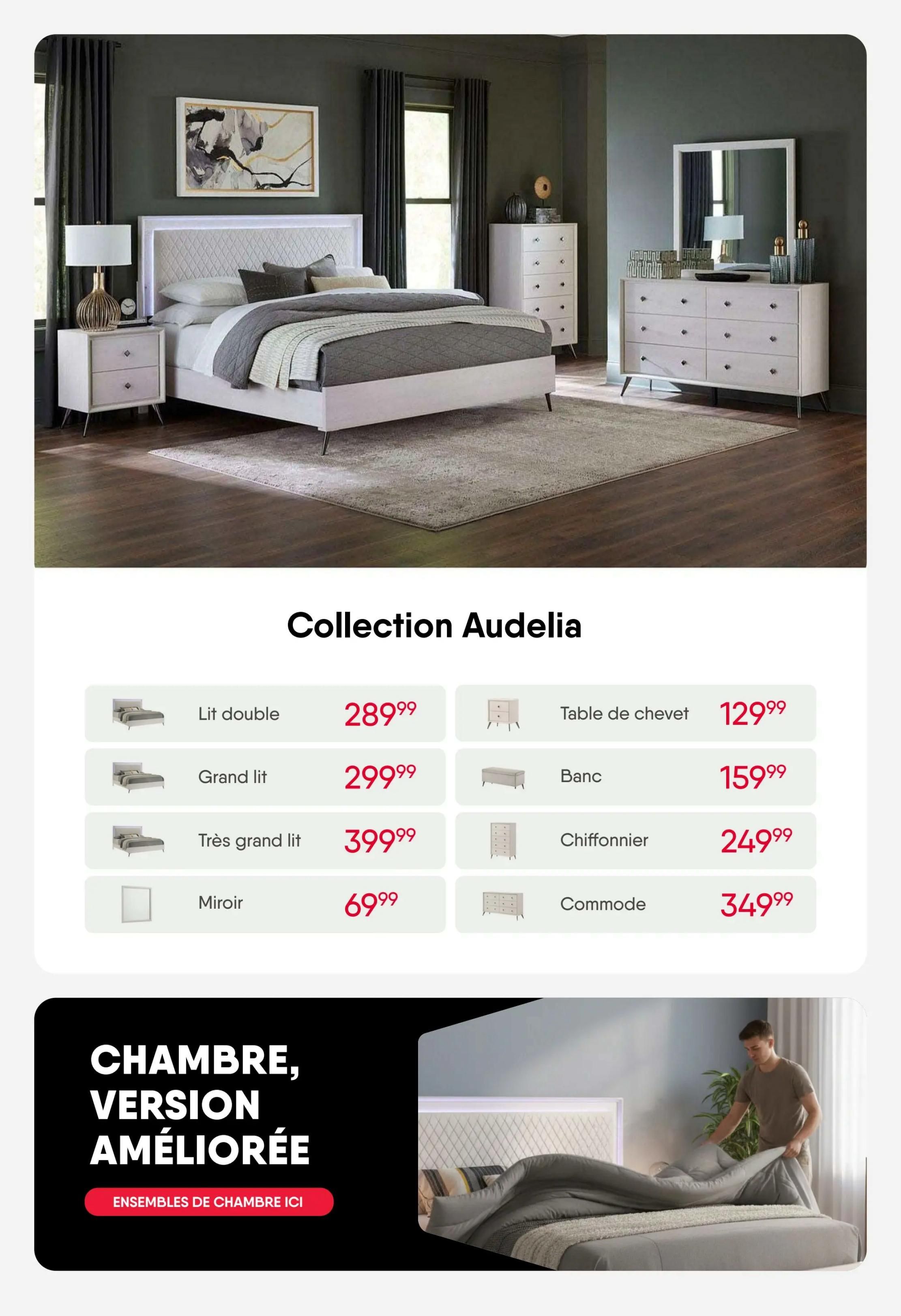 RD Furniture weekly flyer specials, page 10. Featuring the Audelia Collection. Available items include a double bed for $289.99, a queen bed for $299.99, a king bed for $399.99, and a mirror for $69.99. Also available are a nightstand for $129.99, a bench for $159.99, a chest of drawers for $249.99, and a dresser for $349.99. The page also highlights an 'Improved Version Bedroom' with a call to action to 'Shop Bedroom Sets Here.