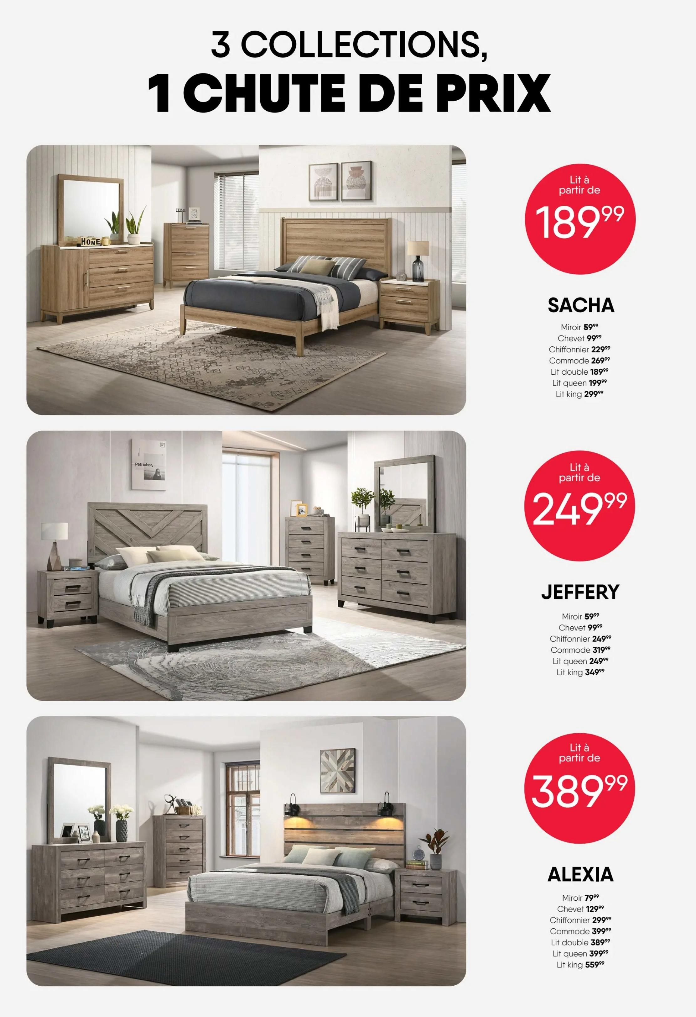 RD Furniture flyer page 11 features three bedroom collections with special pricing. The SACHA collection offers a bed starting at $189.99, with a mirror for $59.99, nightstand for $99.99, chest for $229.99, and dresser for $269.99. The JEFFERY collection features a bed starting at $249.99, with a mirror for $59.99, nightstand for $99.99, chest for $249.99, and dresser for $319.99. The ALEXIA collection has a bed starting at $389.99, with a mirror for $79.99, nightstand for $129.99, chest for $299.99, and dresser for $389.99.
