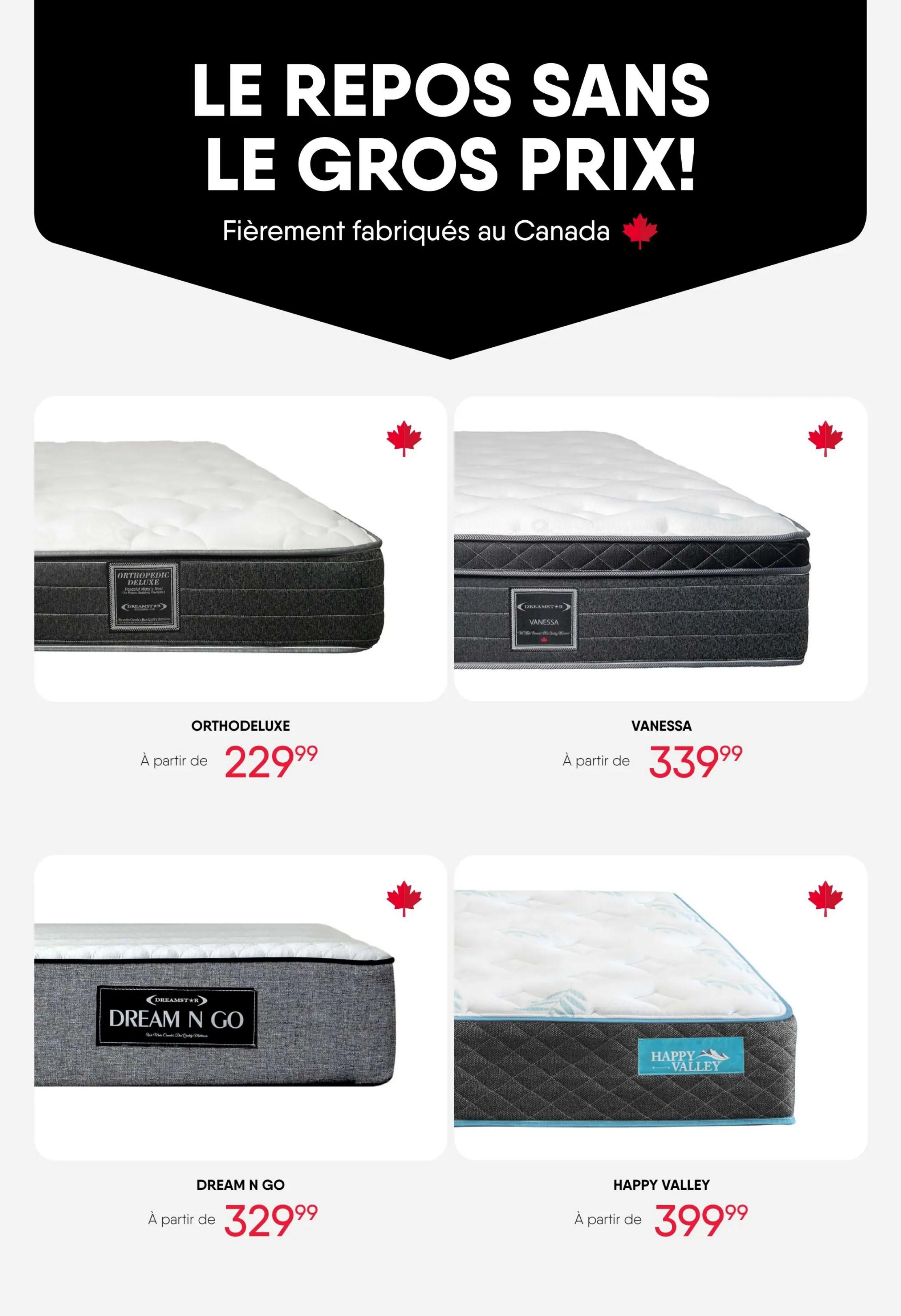 RD Furniture weekly flyer specials page 12 features mattresses made in Canada. Featured mattresses include the Ortho Deluxe starting at $229.99, the Vanessa starting at $339.99, the Dream N Go starting at $329.99, and the Happy Valley starting at $399.99.