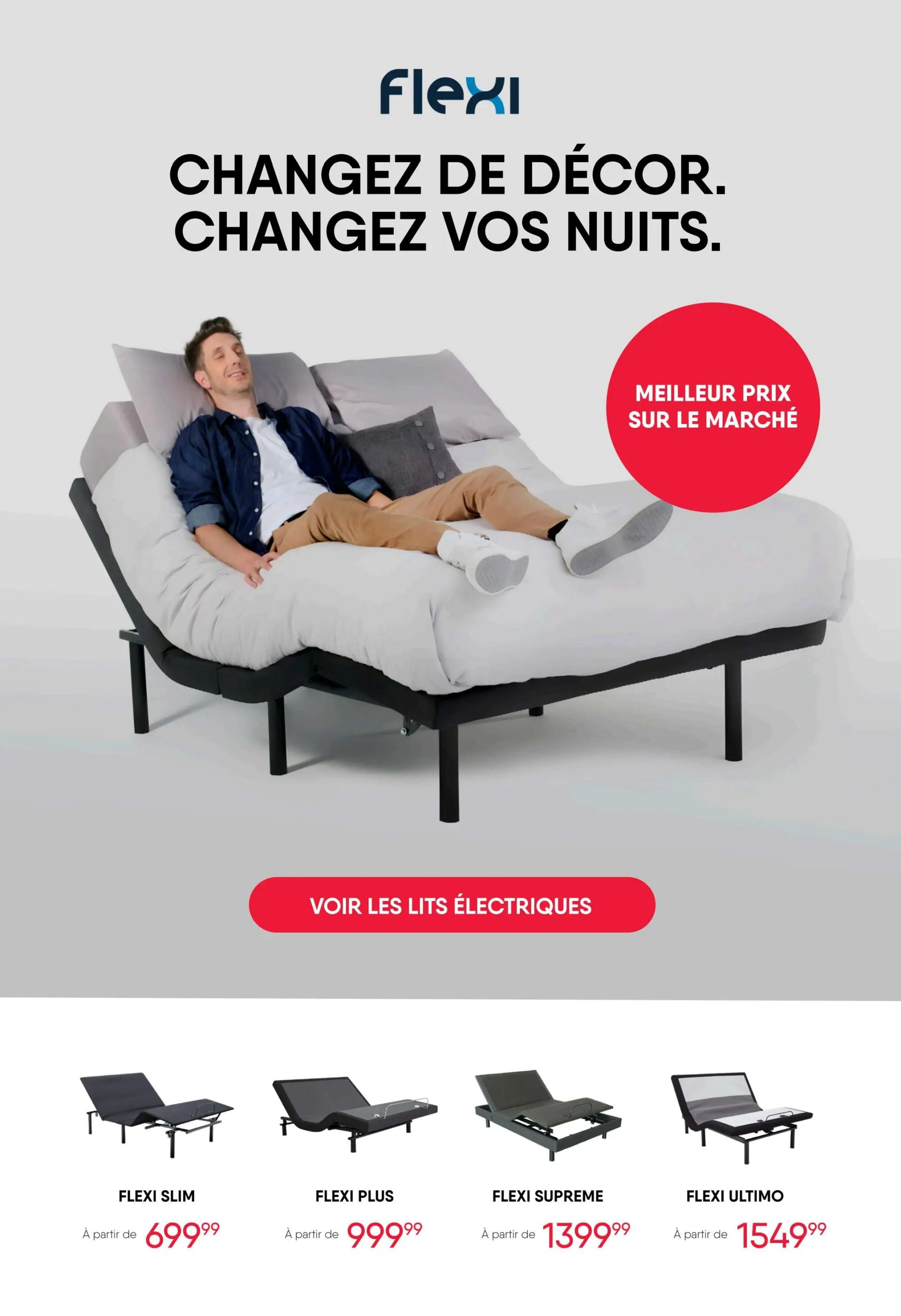 RD Furniture weekly flyer specials page 14 features Flexi adjustable bed bases. The main image shows a man relaxing on an adjustable bed with the text 'Change your decor. Change your nights.' and 'Best price on the market.' Below are four Flexi models: Flexi Slim starting at $699.99, Flexi Plus starting at $999.99, Flexi Supreme starting at $1399.99, and Flexi Ultimo starting at $1549.99. A button reads 'View electric beds.
