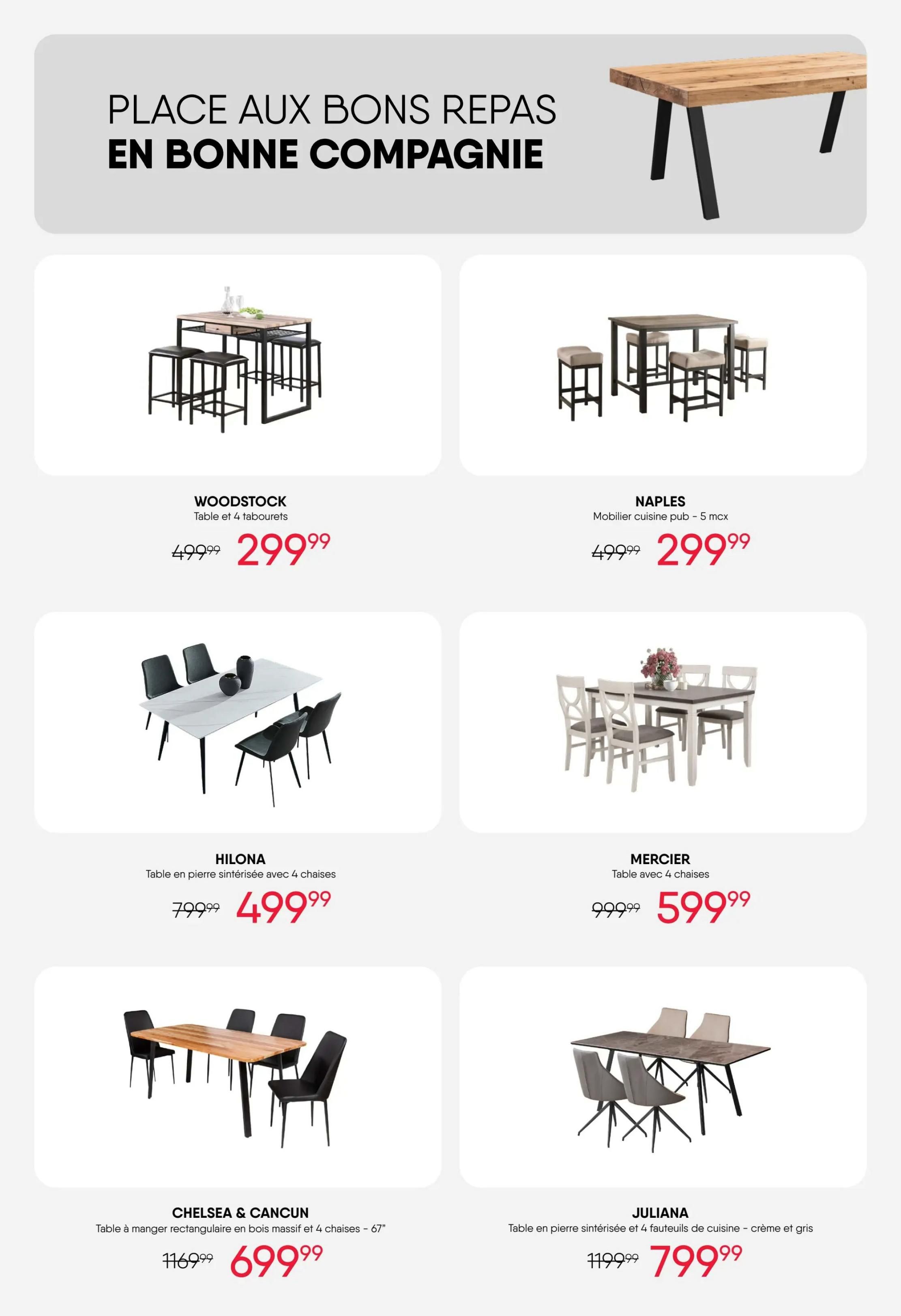 RD Furniture weekly flyer specials page 15 features dining sets. The Woodstock table and 4 stools set is on sale for $299.99, down from $499.99. The Naples pub kitchen set (5 pieces) is also $299.99, reduced from $499.99. The Hilona sintered stone table with 4 chairs is priced at $499.99, originally $799.99. The Mercier table with 4 chairs is available for $599.99, marked down from $999.99. The Chelsea & Cancun rectangular solid wood dining table with 4 chairs (67') is on sale for $699.99, down from $1169.99. Lastly, the Juliana sintered stone table with 4 kitchen chairs in cream and grey is priced at $799.99, reduced from $1199.99.