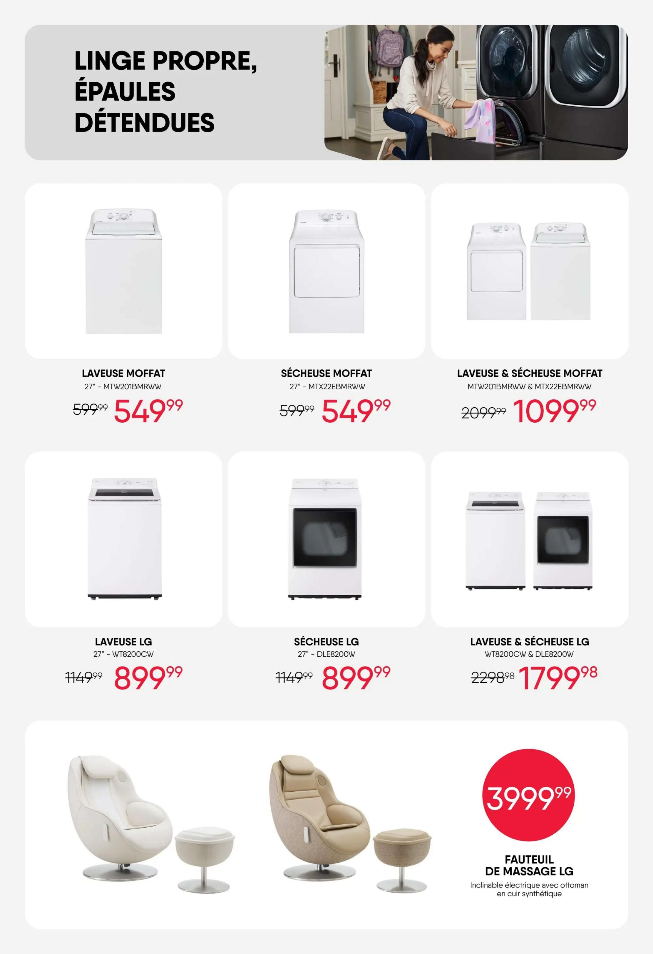 RD Furniture weekly flyer specials page 16 features laundry appliances and living room furniture. Top section highlights Moffat 27' top-load washing machine (MTW201BMRWW) on sale for $549.99, down from $599.99, and a Moffat 27' dryer (MTX22EBMRWW) also on sale for $549.99, down from $599.99. A Moffat 27' washer and dryer set (MTW201BMRWW & MTX22EBMRWW) is available for $1099.99, reduced from $2099.99. The middle section showcases LG 27' washing machines (WT8200CW) for $899.99, down from $1149.99, and LG 27' dryers (DLE8200W) for $899.99, down from $1149.99. An LG 27' washer and dryer set (WT8200CW & DLE8200W) is priced at $1799.98, reduced from $2298.98. The bottom section features an LG reclining electric armchair with ottoman in synthetic leather for $399.99.