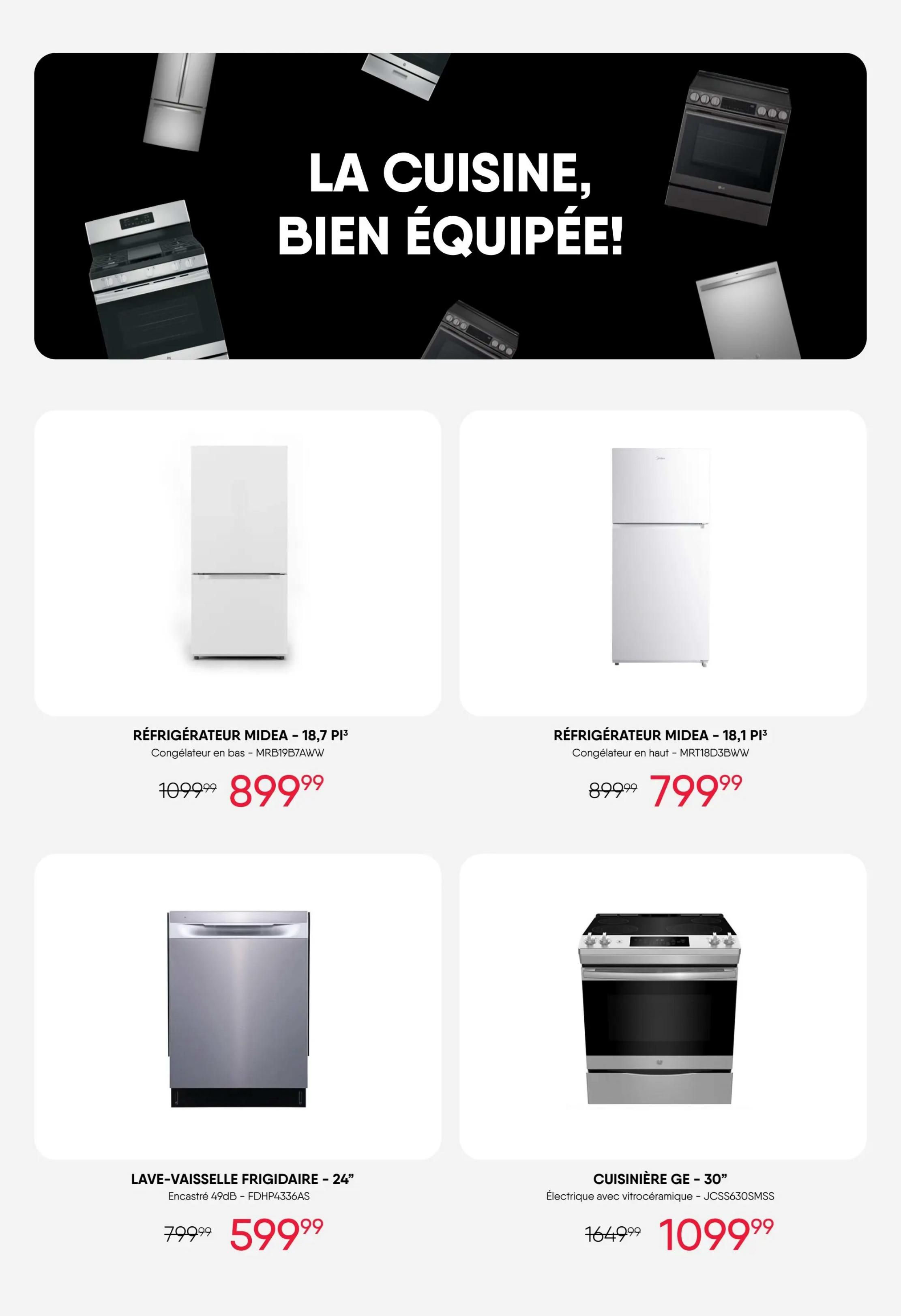 RD Furniture Weekly Flyer Specials, Page 17. Features kitchen appliances with the headline 'The Well-Equipped Kitchen!'. Offers include a Midea refrigerator with bottom freezer, 18.7 cu. ft., model MRB19B7AWW, on sale for $899.99 (originally $1099.99). Also available is a Midea refrigerator with top freezer, 18.1 cu. ft., model MRT18D3BWW, priced at $799.99 (originally $899.99). A 24' Frigidaire built-in dishwasher, model FDHP4336AS, is available for $599.99 (originally $799.99). Finally, a GE 30' electric range with ceramic glass cooktop, model JCSS630SMSS, is offered at $1099.99 (originally $1649.99).