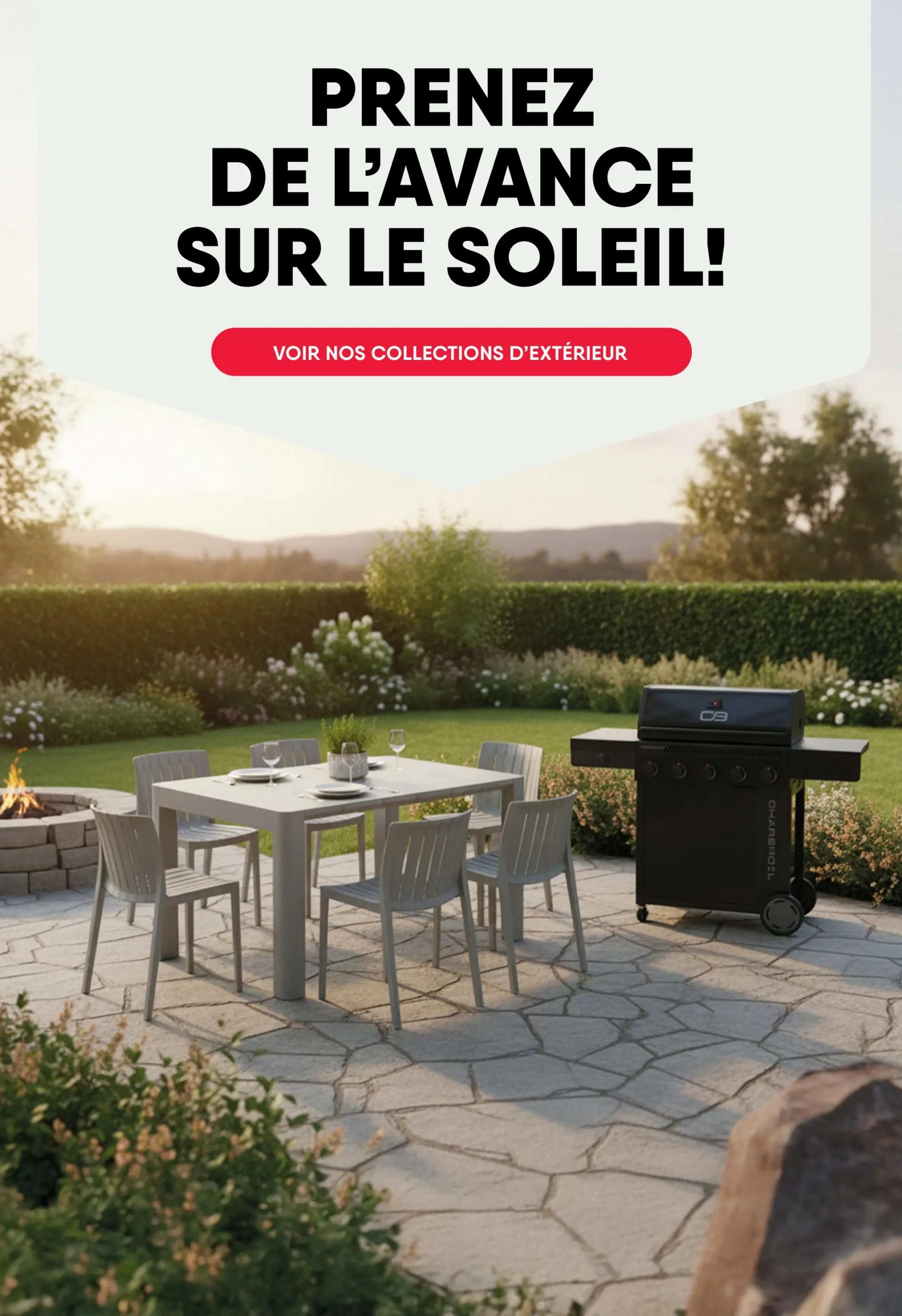 RD Furniture weekly flyer specials, page 20. A beautiful outdoor patio scene featuring a grey dining set with a table and chairs, a black barbecue grill, and a stone fire pit. The text overlay reads 'Get ahead of the sun!' and 'View our outdoor collections.