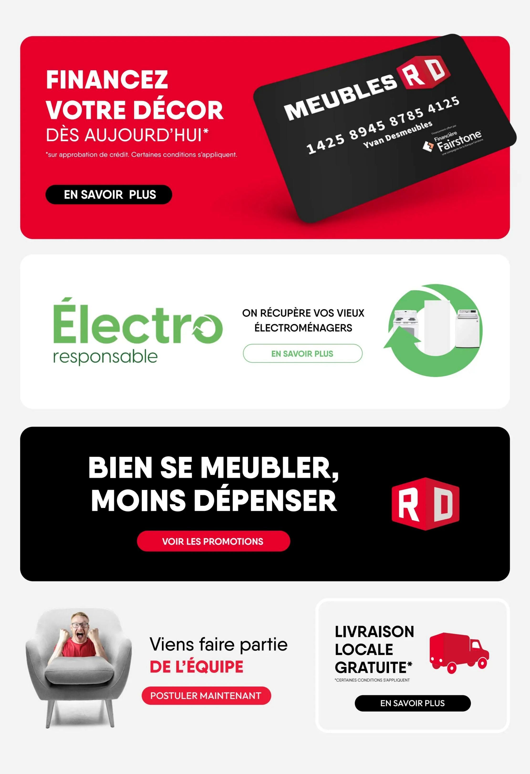 RD Furniture weekly flyer specials page 21. Features include financing options for your decor with 'Learn More' button, a credit card for 'Meubles RD' with account number 1425 8945 8785 4125 and cardholder Yvan Desmeubles, financed by 'Financière Fairstone'. Also highlights 'Electro responsable' which recycles old appliances with a 'Learn More' button. A section promotes 'Furnish well, spend less' with a 'View Promotions' button. Another section invites job applications with 'Join the team' and a 'Apply Now' button. Finally, it advertises 'Free local delivery*' with a 'Learn More' button, noting that certain conditions apply.