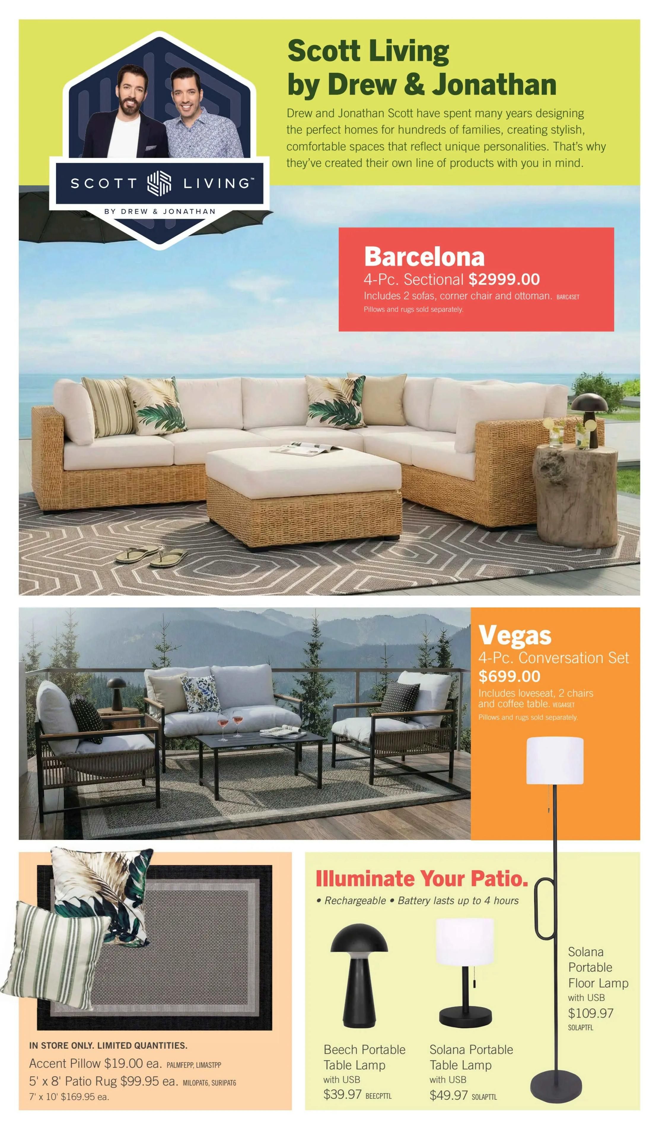 The Brick flyer page 2 features the Scott Living by Drew & Jonathan collection. The Barcelona 4-Pc. Sectional is priced at $2999.00 and includes 2 sofas, a corner chair, and ottoman. Pillows and rugs are sold separately. The Vegas 4-Pc. Conversation Set is $699.00 and includes a loveseat, 2 chairs, and a coffee table. Pillows and rugs are sold separately. Also featured are accent pillows for $19.00 each, a 5' x 8' patio rug for $99.95, and a 7' x 10' patio rug for $169.95. Lighting options include the Beech Portable Table Lamp with USB for $39.97 and the Solana Portable Table Lamp with USB for $49.97. The Solana Portable Floor Lamp with USB is available for $109.97. All items are in store only with limited quantities.