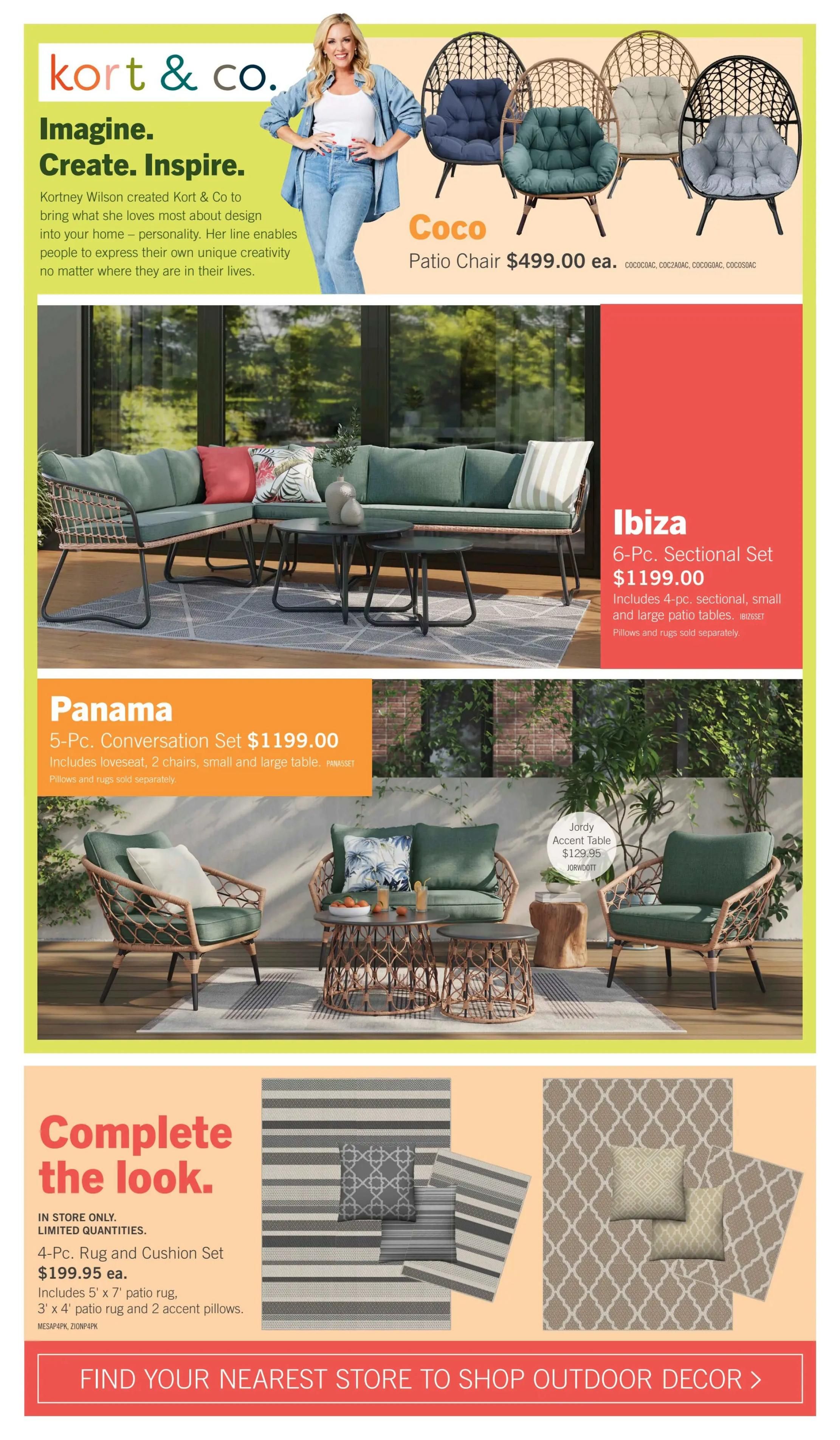 The Brick's Outdoor Living Collection features Kort & Co. patio furniture. Pictured is the Coco Patio Chair for $499.00 each, available in multiple colours. Also featured is the Ibiza 6-Pc. Sectional Set for $1199.00, including a 4-pc. sectional and small and large patio tables. Pillows and rugs are sold separately. The Panama 5-Pc. Conversation Set is $1199.00 and includes a loveseat, 2 chairs, a small and large table. The Jordy Accent Table is $129.95. To complete the look, a 4-Pc. Rug and Cushion Set is available for $199.95 each, including a 5' x 7' patio rug, a 3' x 4' patio rug, and 2 accent pillows. This page also shows a call to action to find your nearest store to shop outdoor decor.