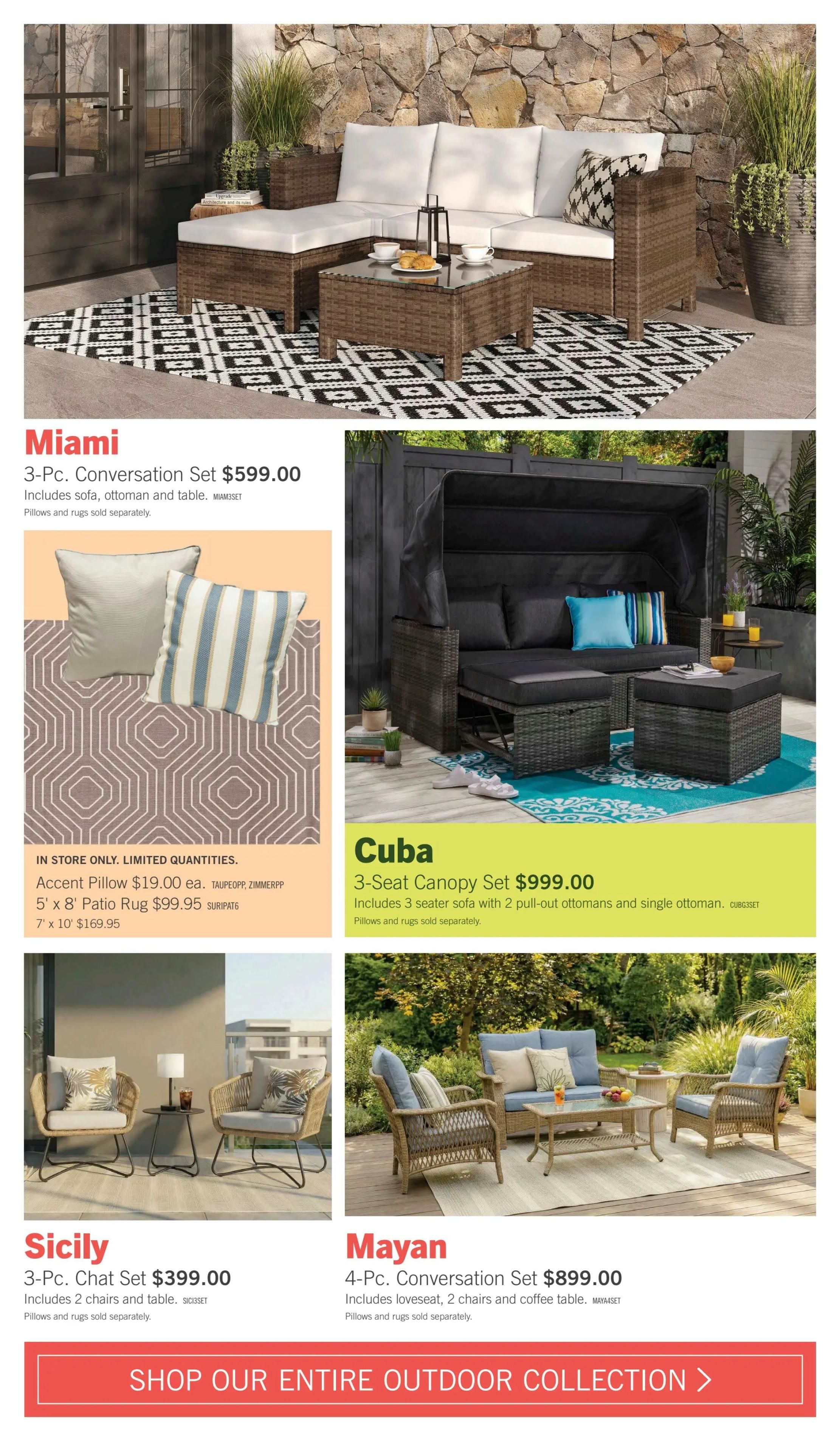 The Brick flyer page 4 features outdoor living collections. The Miami 3-Pc. Conversation Set is $599.00, including a sofa, ottoman, and table. Accent Pillows are $19.00 each. A 5' x 8' Patio Rug is $99.95 and a 7' x 10' Patio Rug is $169.95. The Cuba 3-Seat Canopy Set is $999.00 and includes a 3-seater sofa with 2 pull-out ottomans and a single ottoman. The Sicily 3-Pc. Chat Set is $399.00 and includes 2 chairs and a table. The Mayan 4-Pc. Conversation Set is $899.00, including a loveseat, 2 chairs, and a coffee table. All sets mention that pillows and rugs are sold separately. A banner at the bottom invites shoppers to 'Shop Our Entire Outdoor Collection'.
