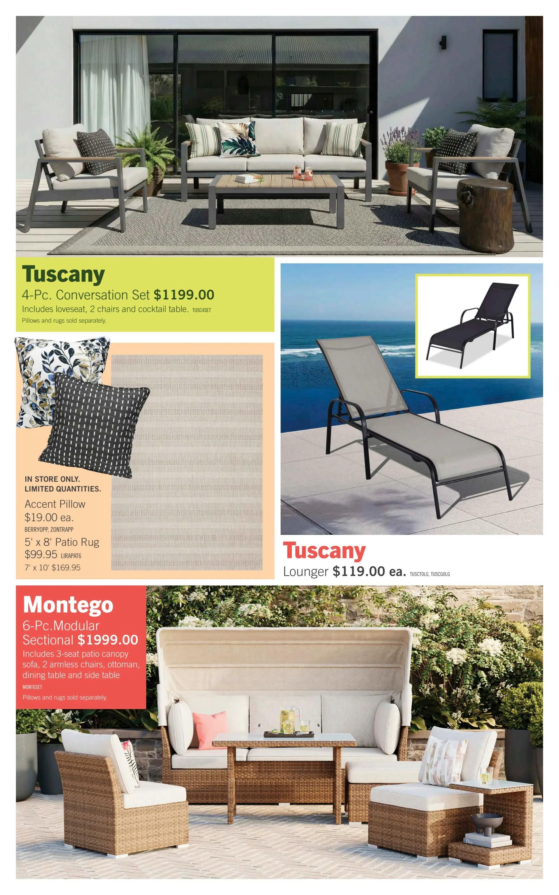The Brick Outdoor Living Collection flyer, page 5. Features the Tuscany 4-Pc. Conversation Set for $1199.00, including a loveseat, 2 chairs, and cocktail table. Pillows and rugs sold separately. Also available are Accent Pillows for $19.00 each and 5' x 8' Patio Rugs for $99.95, or 7' x 10' rugs for $169.95. The Tuscany Lounger is priced at $119.00 each. The Montego 6-Pc. Modular Sectional is available for $1999.00, including a 3-seat patio canopy sofa, 2 armless chairs, ottoman, dining table, and side table. Pillows and rugs sold separately.