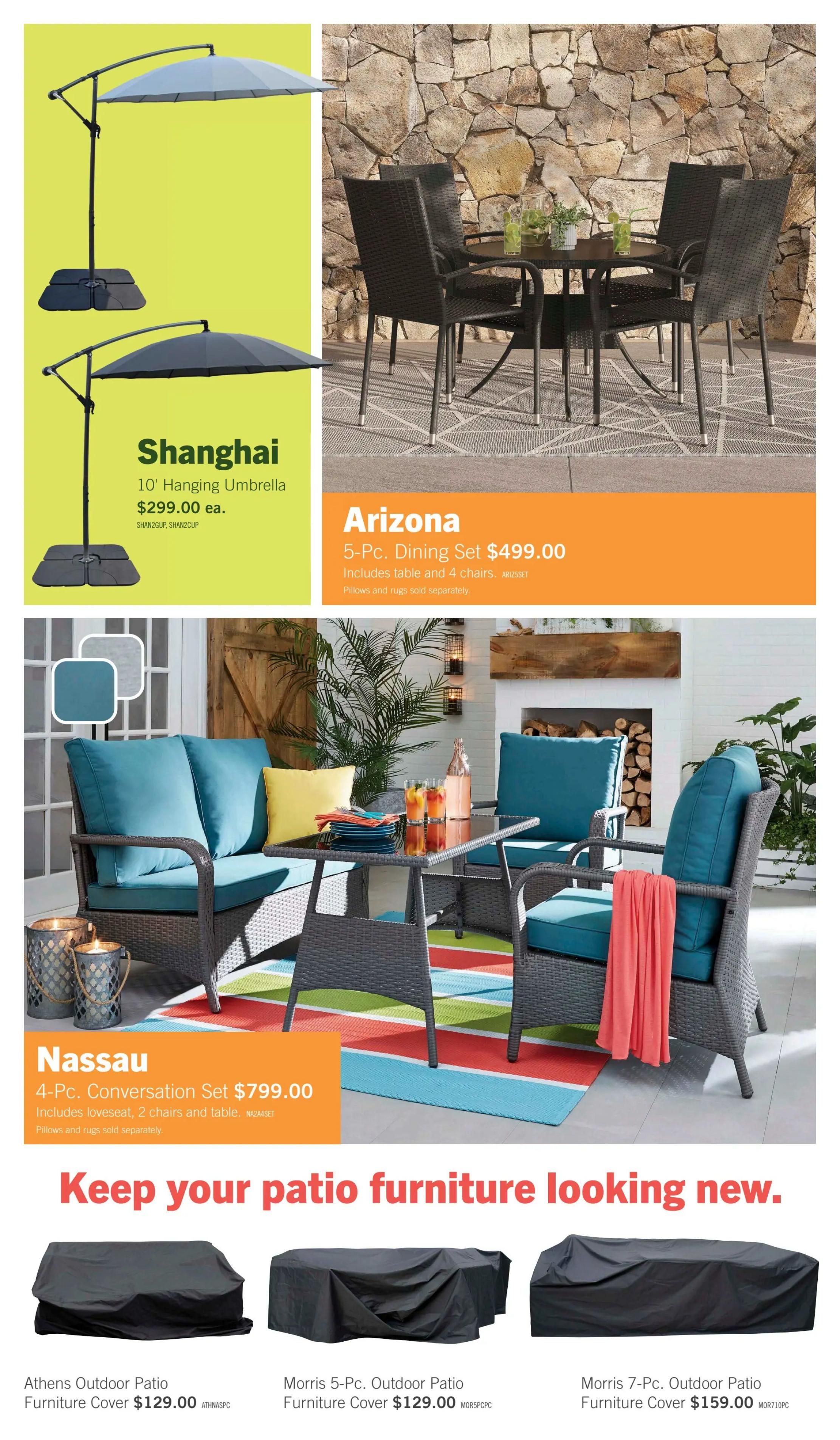 The Brick flyer page 7 features outdoor living collection items. The Shanghai 10' Hanging Umbrella is available for $299.00 each. The Arizona 5-Pc. Dining Set, including a table and 4 chairs, is priced at $499.00. The Nassau 4-Pc. Conversation Set, which includes a loveseat, 2 chairs, and a table, costs $799.00. Below these sets, the flyer promotes keeping patio furniture looking new with covers. Featured are the Athens Outdoor Patio Furniture Cover for $129.00, the Morris 5-Pc. Outdoor Patio Furniture Cover for $129.00, and the Morris 7-Pc. Outdoor Patio Furniture Cover for $159.00.