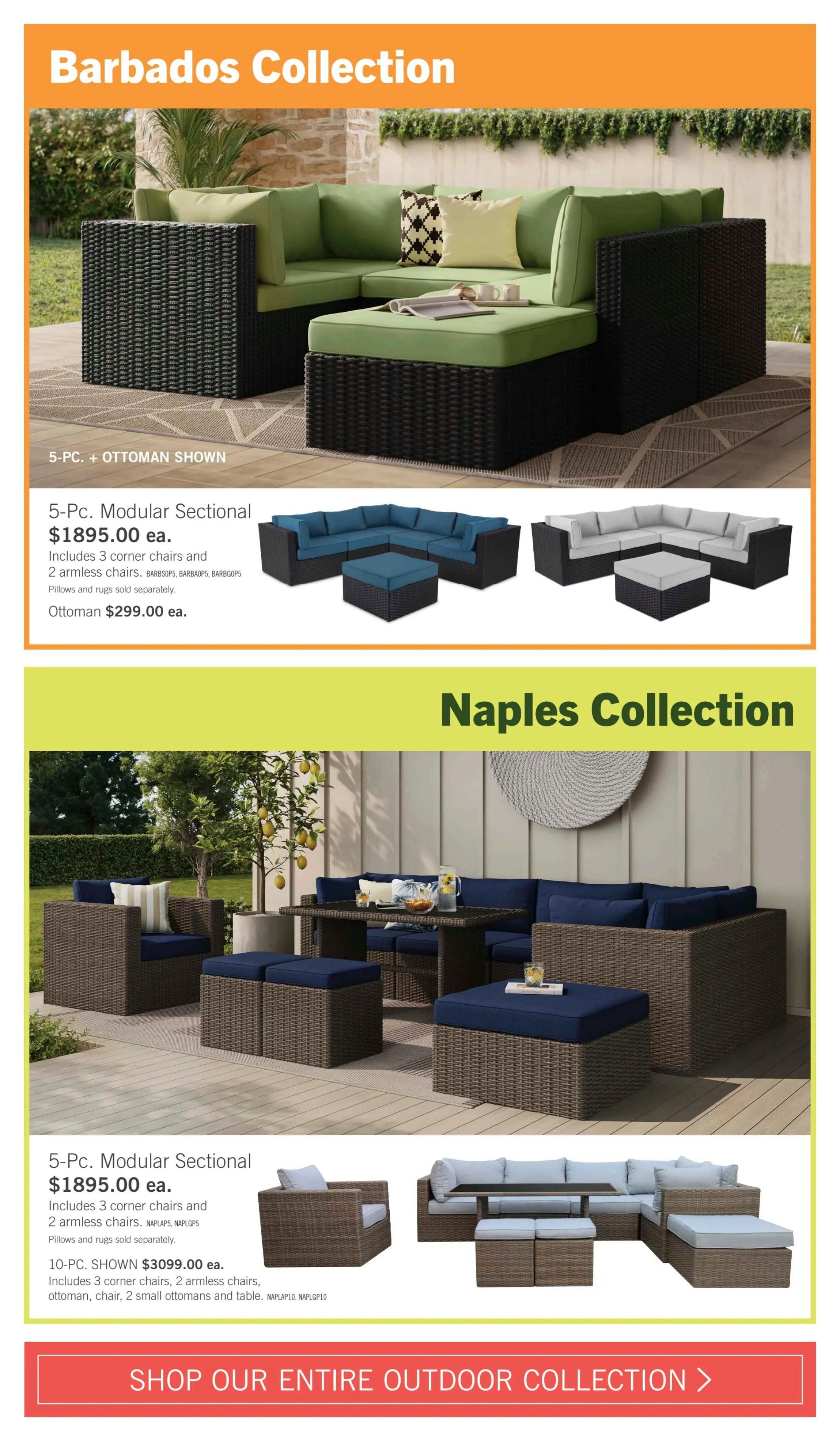 The Brick flyer page 9 features the Barbados Collection and Naples Collection of outdoor furniture. The Barbados Collection showcases a 5-Pc. Modular Sectional for $1895.00 each, including 3 corner chairs and 2 armless chairs. An ottoman for this collection is available for $299.00 each. Pillows and rugs are sold separately. The Naples Collection also features a 5-Pc. Modular Sectional for $1895.00 each, which includes 3 corner chairs and 2 armless chairs. A 10-Pc. set from the Naples Collection is shown for $3099.00 each, including 3 corner chairs, 2 armless chairs, an ottoman, a chair, 2 small ottomans, and a table. Pillows and rugs are sold separately for the Naples Collection. A button at the bottom reads 'Shop Our Entire Outdoor Collection'.