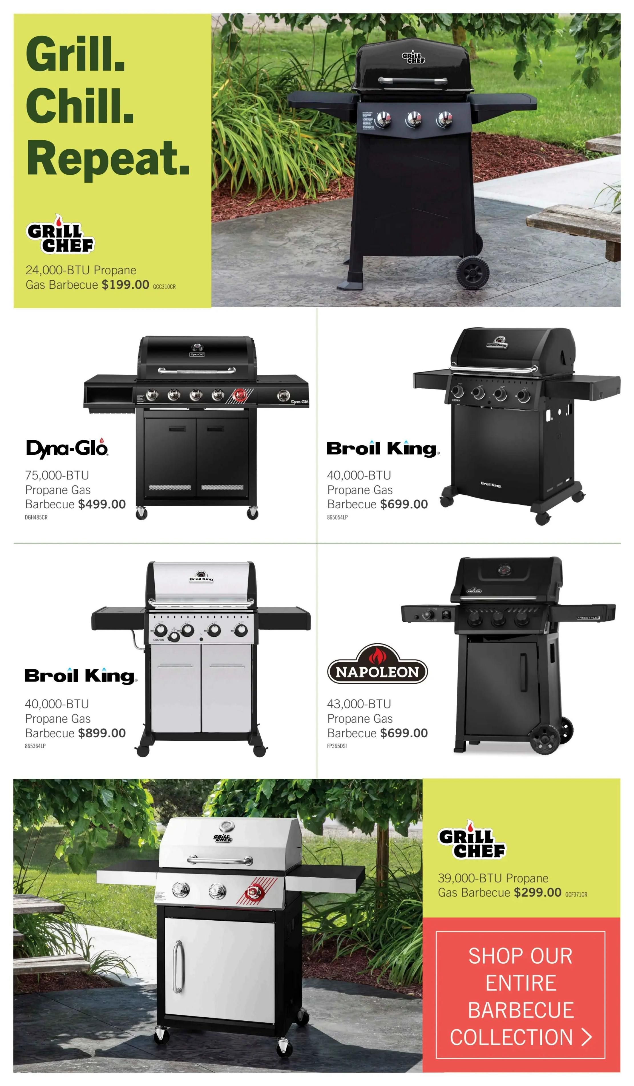 The Brick flyer page 10 features a collection of propane gas barbecues. The top section highlights a Grill Chef 24,000-BTU Propane Gas Barbecue for $199.00. Below, a Dyna-Glo 75,000-BTU Propane Gas Barbecue is priced at $499.00. To the right, a Broil King 40,000-BTU Propane Gas Barbecue is available for $699.00. The next row showcases a Broil King 40,000-BTU Propane Gas Barbecue for $899.00 and a Napoleon 43,000-BTU Propane Gas Barbecue for $699.00. The bottom section features a Grill Chef 39,000-BTU Propane Gas Barbecue for $299.00, with a call to action to 'Shop Our Entire Barbecue Collection'.