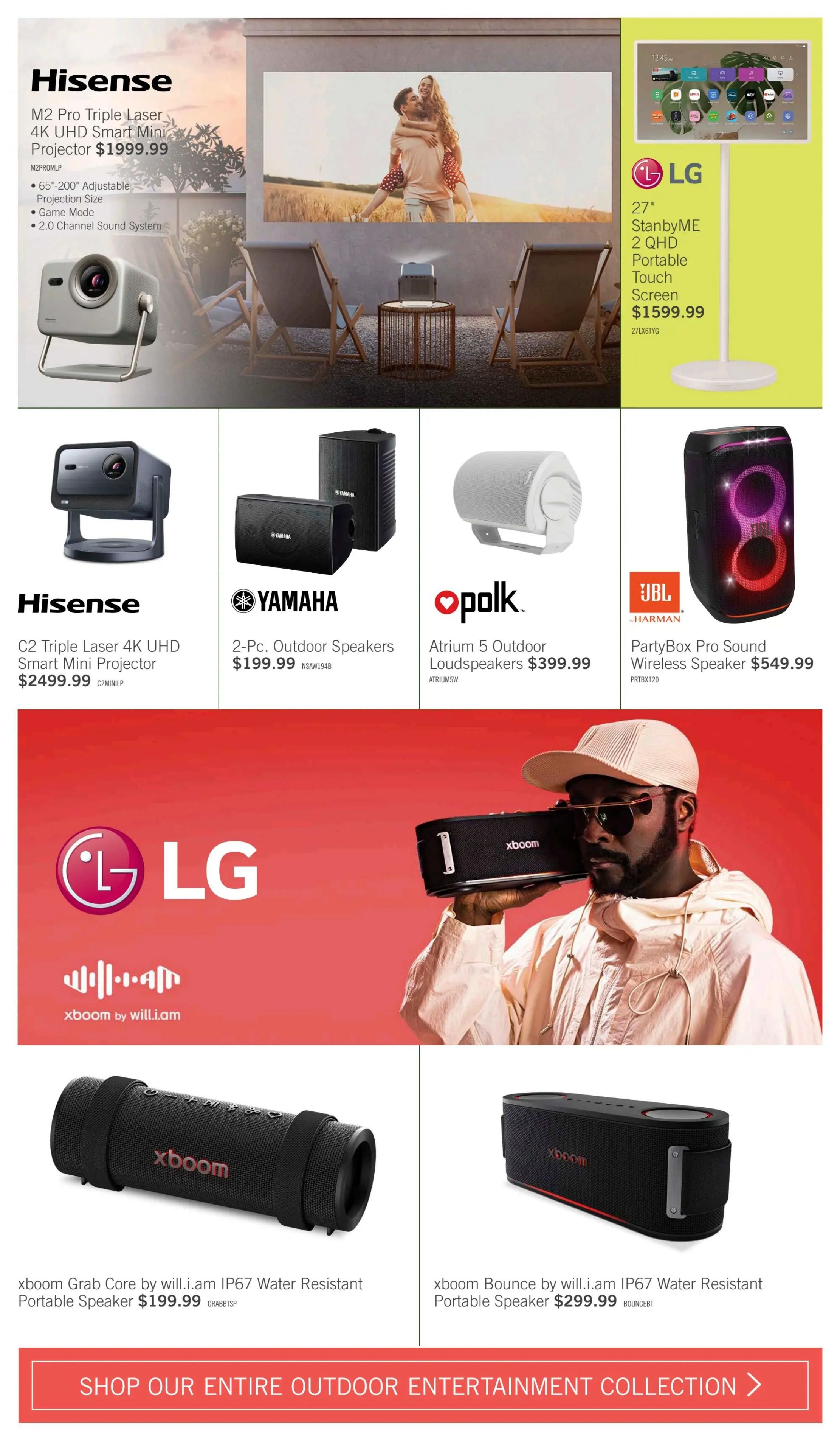 The Brick flyer page 12 features a collection of outdoor entertainment electronics. Top row showcases the Hisense M2 Pro Triple Laser 4K UHD Smart Mini Projector for $1999.99, highlighting its adjustable projection size, game mode, and 2.0 channel sound system. Next to it is the LG 27' StanbyME 2 QHD Portable Touch Screen for $1599.99. The second row displays more audio and visual options: a Hisense C2 Triple Laser 4K UHD Smart Mini Projector for $2499.99, a 2-Pc. Yamaha Outdoor Speaker set for $199.99, Polk Atrium 5 Outdoor Loudspeakers for $399.99, and the JBL PartyBox Pro Sound Wireless Speaker for $549.99. The bottom section features the LG xboom by will.i.am line, with the xboom Grab Core IP67 Water Resistant Portable Speaker at $199.99 and the xboom Bounce IP67 Water Resistant Portable Speaker at $299.99. A banner at the bottom invites shoppers to 'SHOP OUR ENTIRE OUTDOOR ENTERTAINMENT COLLECTION.