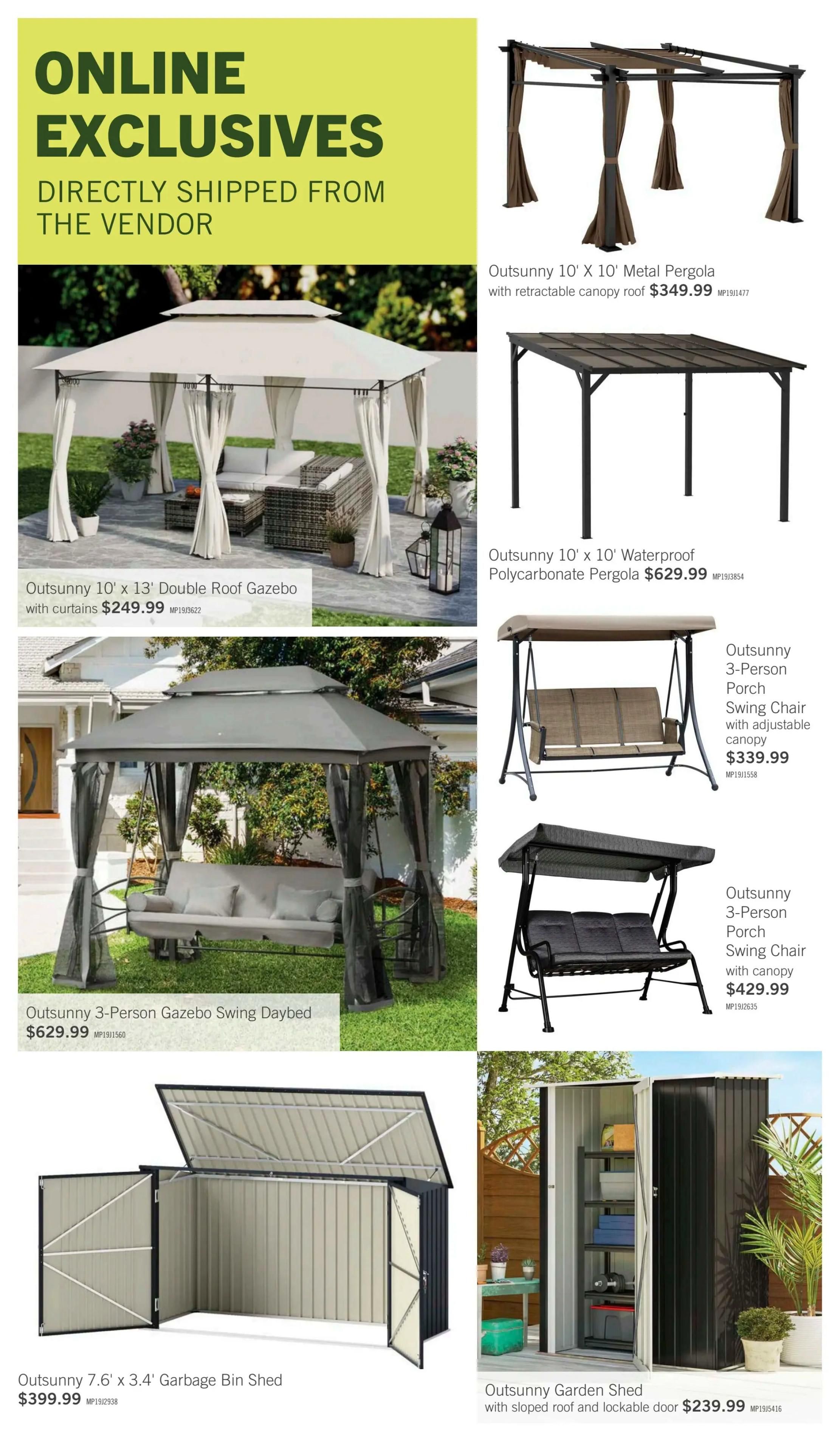 The Brick flyer page 13 features 'Online Exclusives: Directly Shipped from the Vendor'. Products include the Outsunny 10' X 13' Double Roof Gazebo with curtains for $249.99, and the Outsunny 3-Person Gazebo Swing Daybed for $629.99. Also available are the Outsunny 10' X 10' Metal Pergola with retractable canopy roof for $349.99, and the Outsunny 10' X 10' Waterproof Polycarbonate Pergola for $629.99. On the right side, find the Outsunny 3-Person Porch Swing Chair with adjustable canopy for $339.99, and another Outsunny 3-Person Porch Swing Chair with canopy for $429.99. Storage solutions include the Outsunny 7.6' x 3.4' Garbage Bin Shed for $399.99, and the Outsunny Garden Shed with sloped roof and lockable door for $239.99.