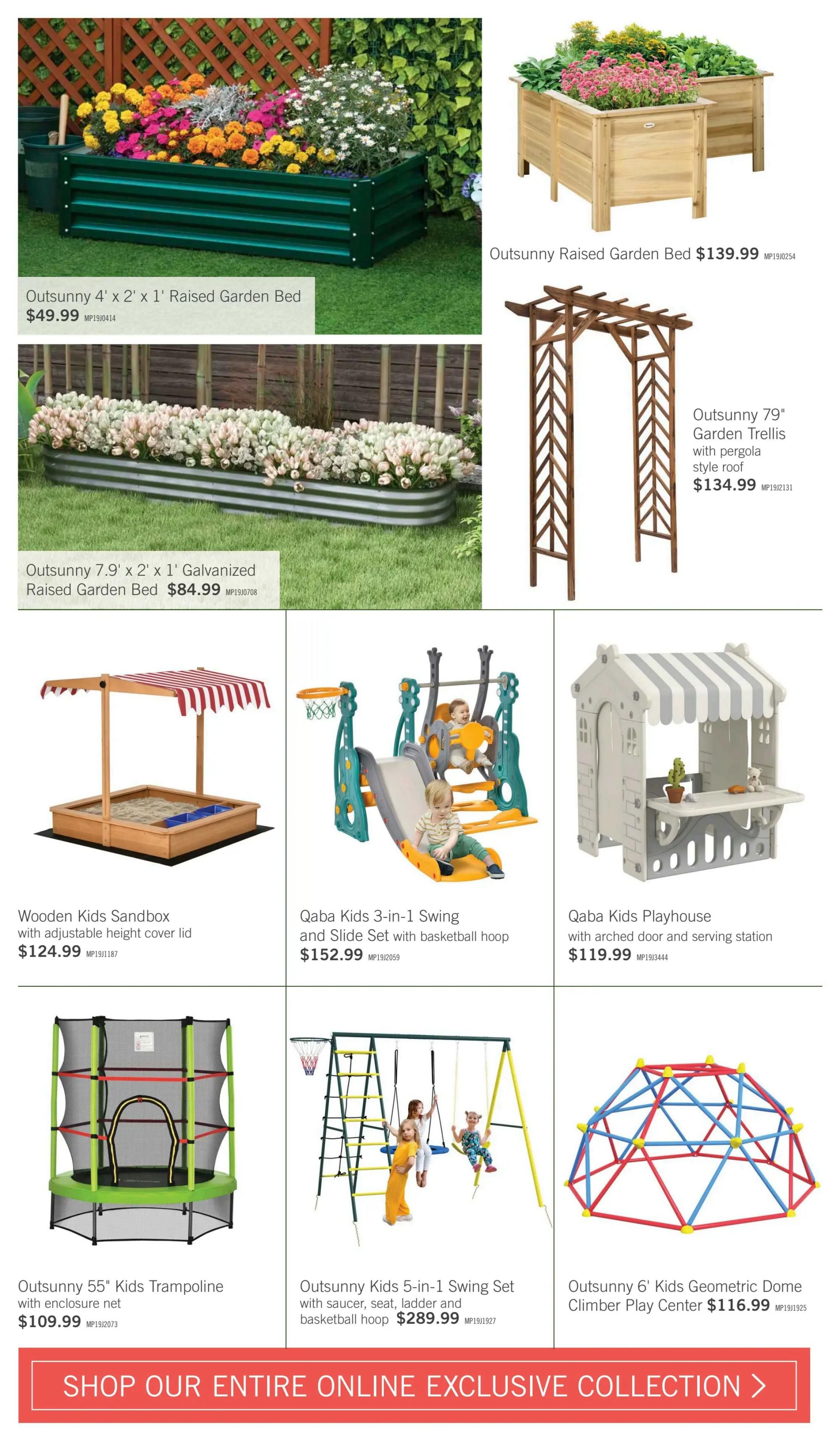 The Brick flyer page 14 features outdoor living and play items. Top row includes an Outsunny 4' x 2' x 1' Raised Garden Bed for $49.99, two Outsunny Raised Garden Beds for $139.99, and an Outsunny 79' Garden Trellis with pergola style roof for $134.99. Middle row displays a Wooden Kids Sandbox with adjustable height cover lid for $124.99, a Qaba Kids 3-in-1 Swing and Slide Set with basketball hoop for $152.99, and a Qaba Kids Playhouse with arched door and serving station for $119.99. Bottom row showcases an Outsunny 55' Kids Trampoline with enclosure net for $109.99, an Outsunny Kids 5-in-1 Swing Set with saucer, seat, ladder and basketball hoop for $289.99, and an Outsunny 6' Kids Geometric Dome Climber Play Center for $116.99. A banner at the bottom invites shoppers to 'SHOP OUR ENTIRE ONLINE EXCLUSIVE COLLECTION'.