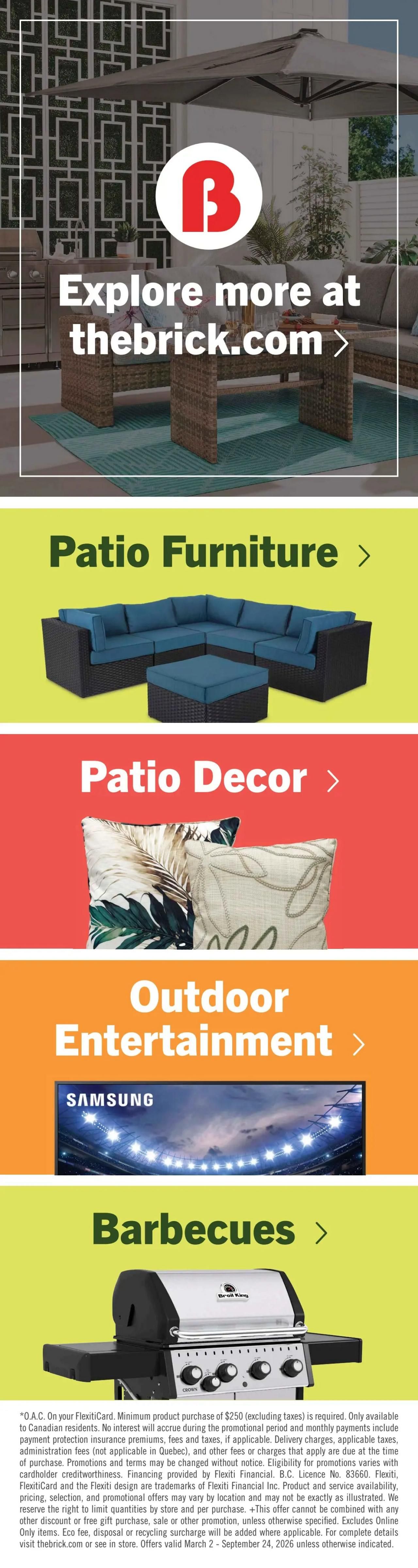 The Brick flyer page 15 showcasing outdoor living collections. Features sections on Patio Furniture with a blue sectional sofa and ottoman, Patio Decor with decorative pillows, Outdoor Entertainment with a Samsung television displaying a stadium, and Barbecues with a Broil King grill. The page also includes a call to action to explore more at thebrick.com. Fine print details financing options and offer validity from March 2 to September 24, 2026.